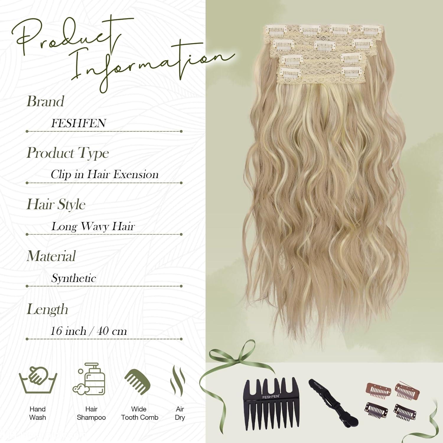 imageFESHFEN Clip in Hair Extensions 4PCs Long Wavy Curly Thick Hairpieces Full Head Natural Synthetic Extension for Women 16 Inch Light Beige Blonde Mix Cream Blonde16H613 Dirty Blonde