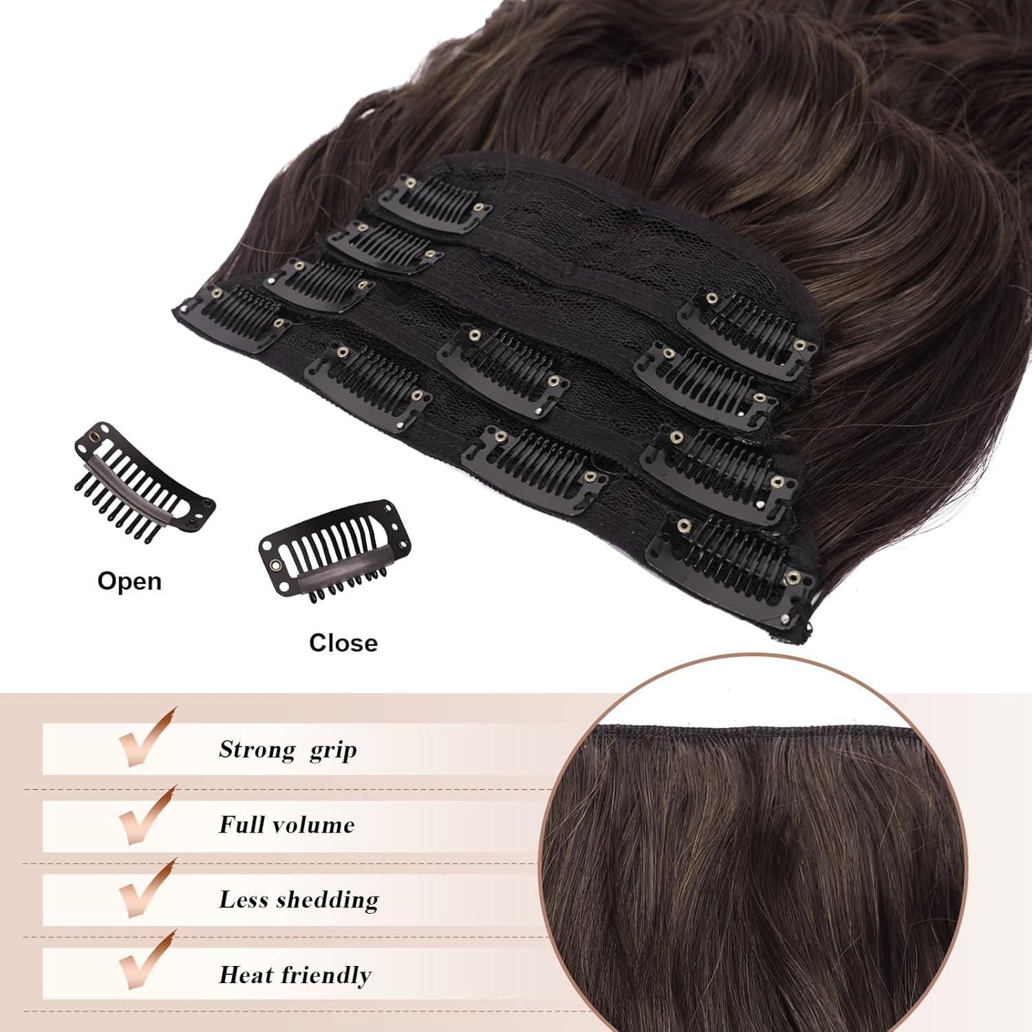 imageFESHFEN Clip in Hair Extensions 4PCs Long Wavy Curly Thick Hairpieces Full Head Natural Synthetic Extension for Women 16 Inch Light Beige Blonde Mix Cream Blonde46A Dark Brown Mix Chocolate Brown