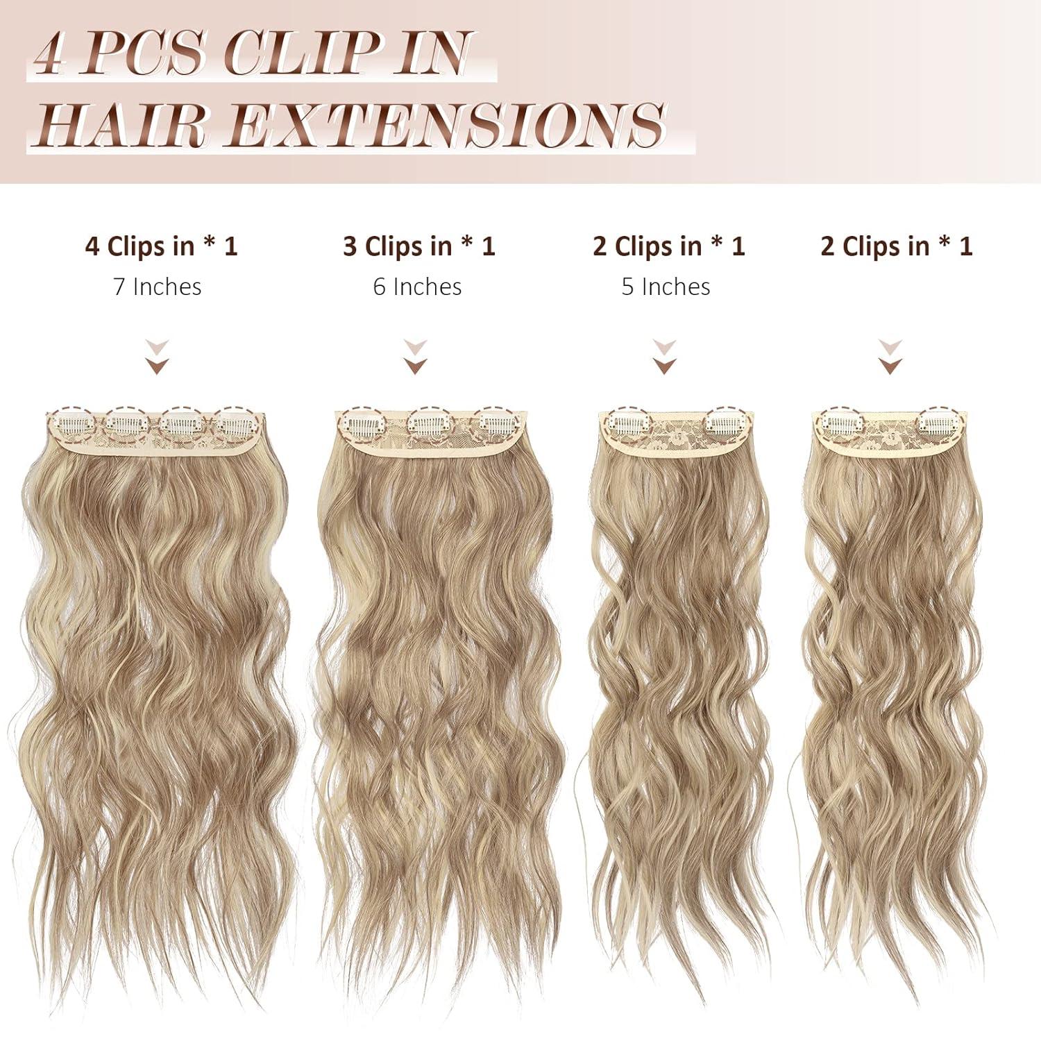 imageFESHFEN Clip in Hair Extensions 4PCs Long Wavy Curly Thick Hairpieces Full Head Natural Synthetic Extension for Women 16 Inch Natural Black12H15 Caramel Brown Mixed Beige Blonde