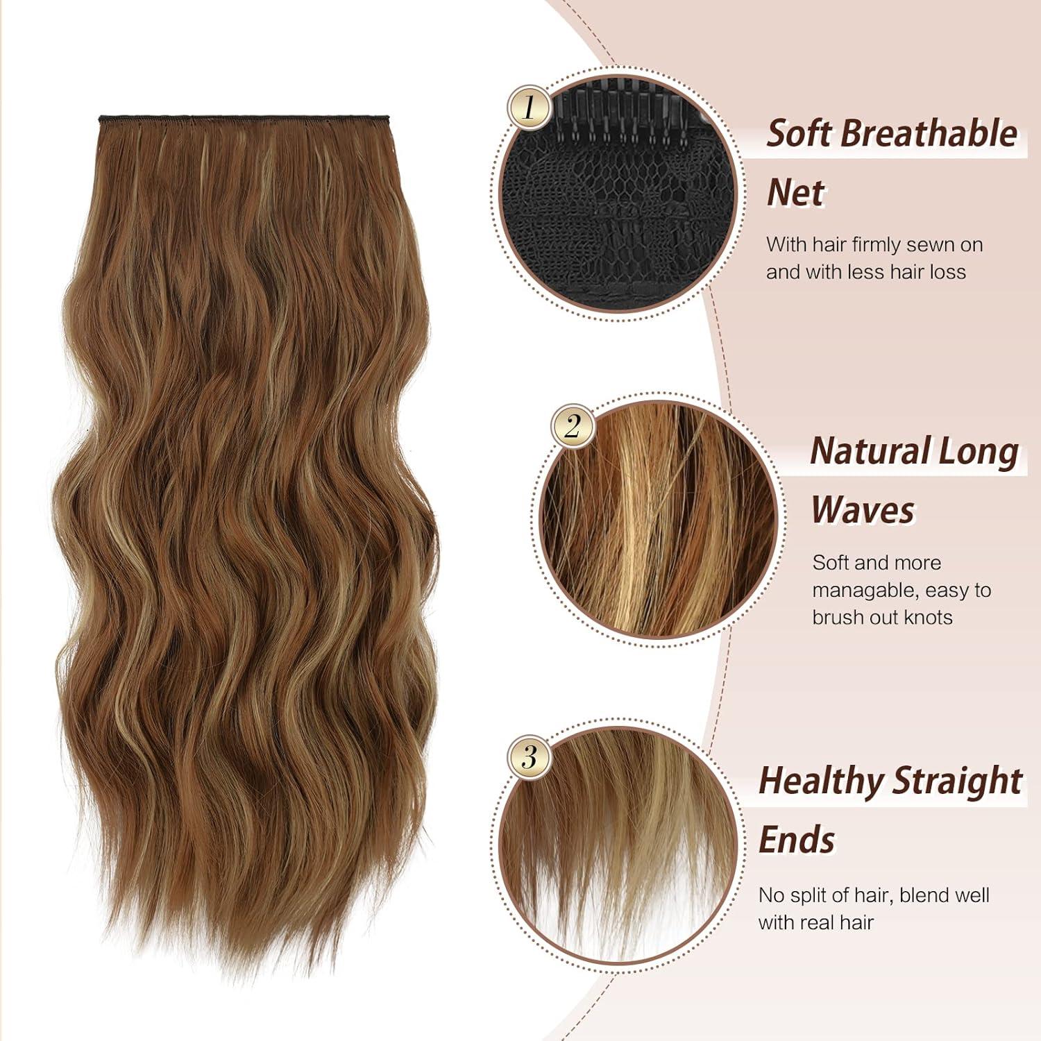 imageFESHFEN Clip in Hair Extensions 4PCs Long Wavy Curly Thick Hairpieces Full Head Natural Synthetic Extension for Women 16 Inch Natural Black12H24 Reddish Brown Mixed Ash Blonde
