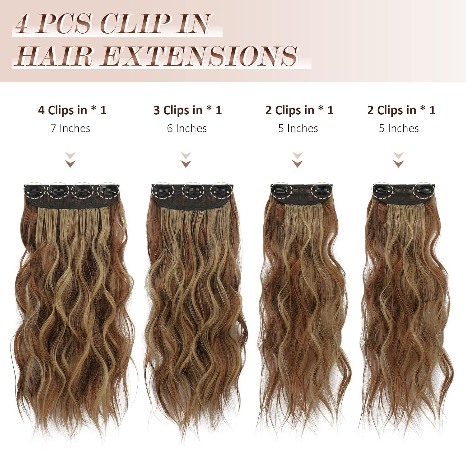 imageFESHFEN Clip in Hair Extensions 4PCs Long Wavy Curly Thick Hairpieces Full Head Natural Synthetic Extension for Women 16 Inch Natural Black12H24 Reddish Brown Mixed Ash Blonde
