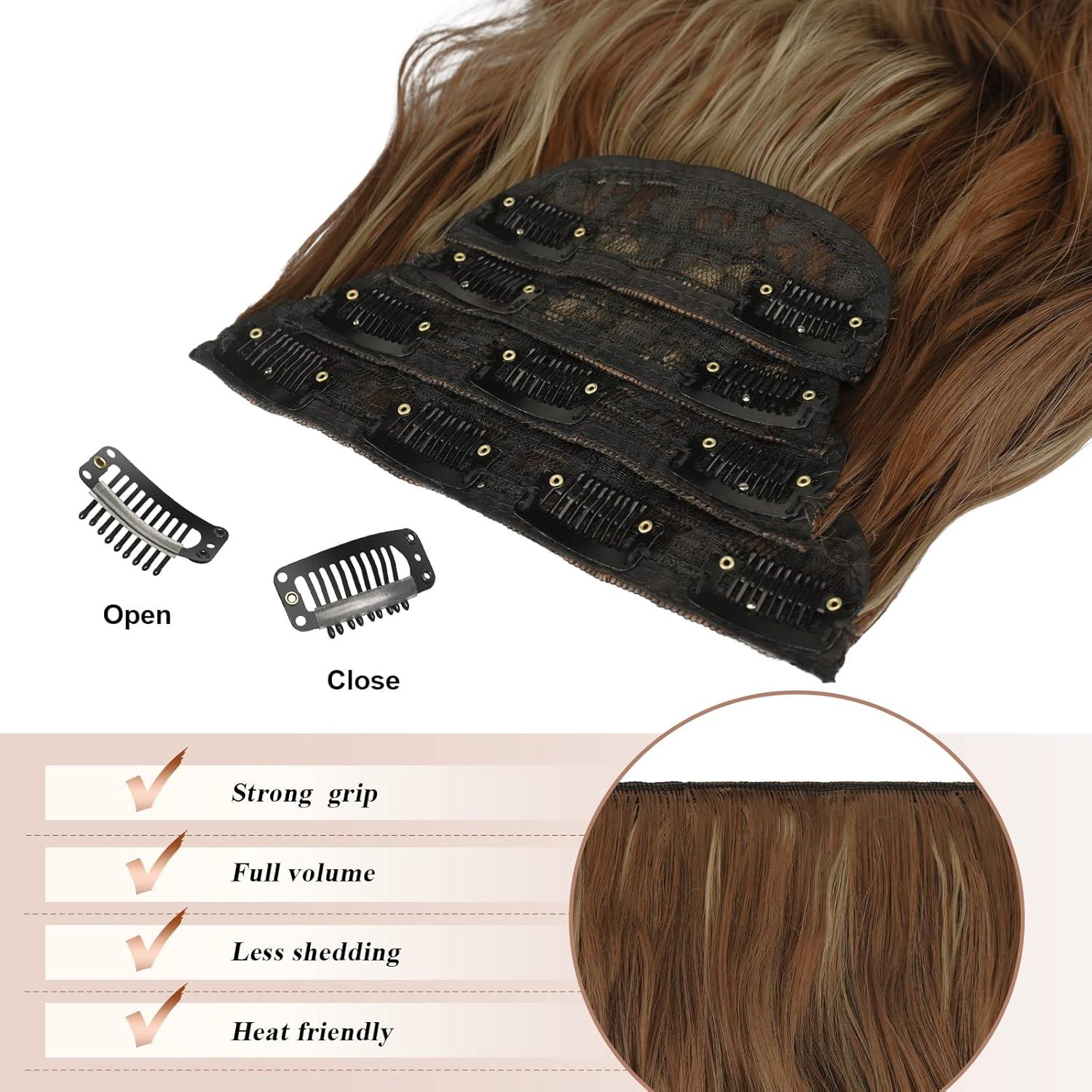 imageFESHFEN Clip in Hair Extensions 4PCs Long Wavy Curly Thick Hairpieces Full Head Natural Synthetic Extension for Women 16 Inch Natural Black12H24 Reddish Brown Mixed Ash Blonde
