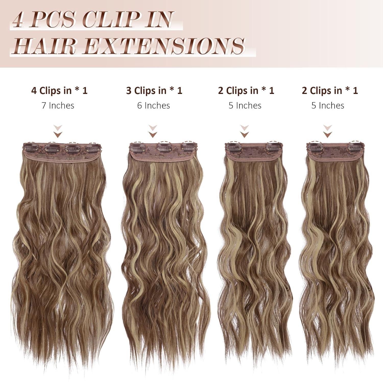 imageFESHFEN Clip in Hair Extensions 4PCs Long Wavy Curly Thick Hairpieces Full Head Natural Synthetic Extension for Women 16 Inch Natural Black12H29 Light Brown Mixed Blonde