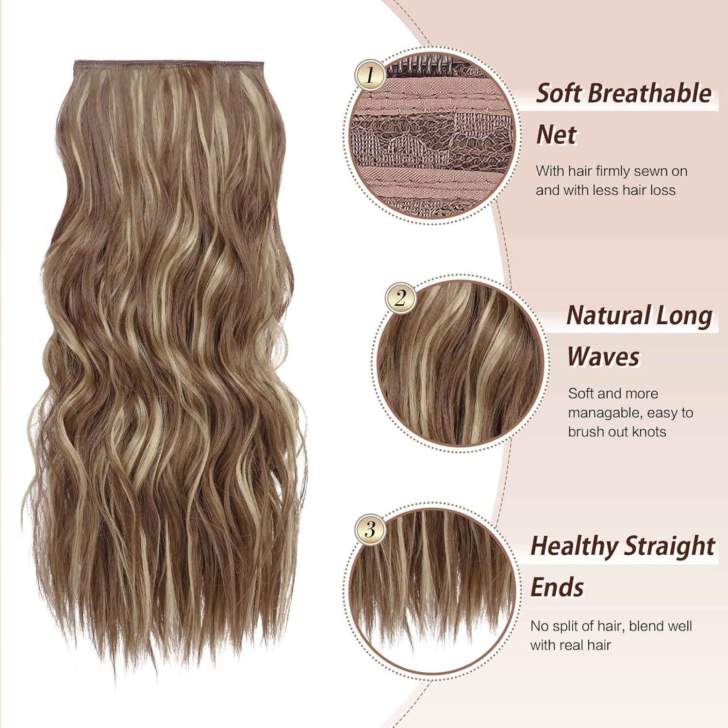 imageFESHFEN Clip in Hair Extensions 4PCs Long Wavy Curly Thick Hairpieces Full Head Natural Synthetic Extension for Women 16 Inch Natural Black12H29 Light Brown Mixed Blonde