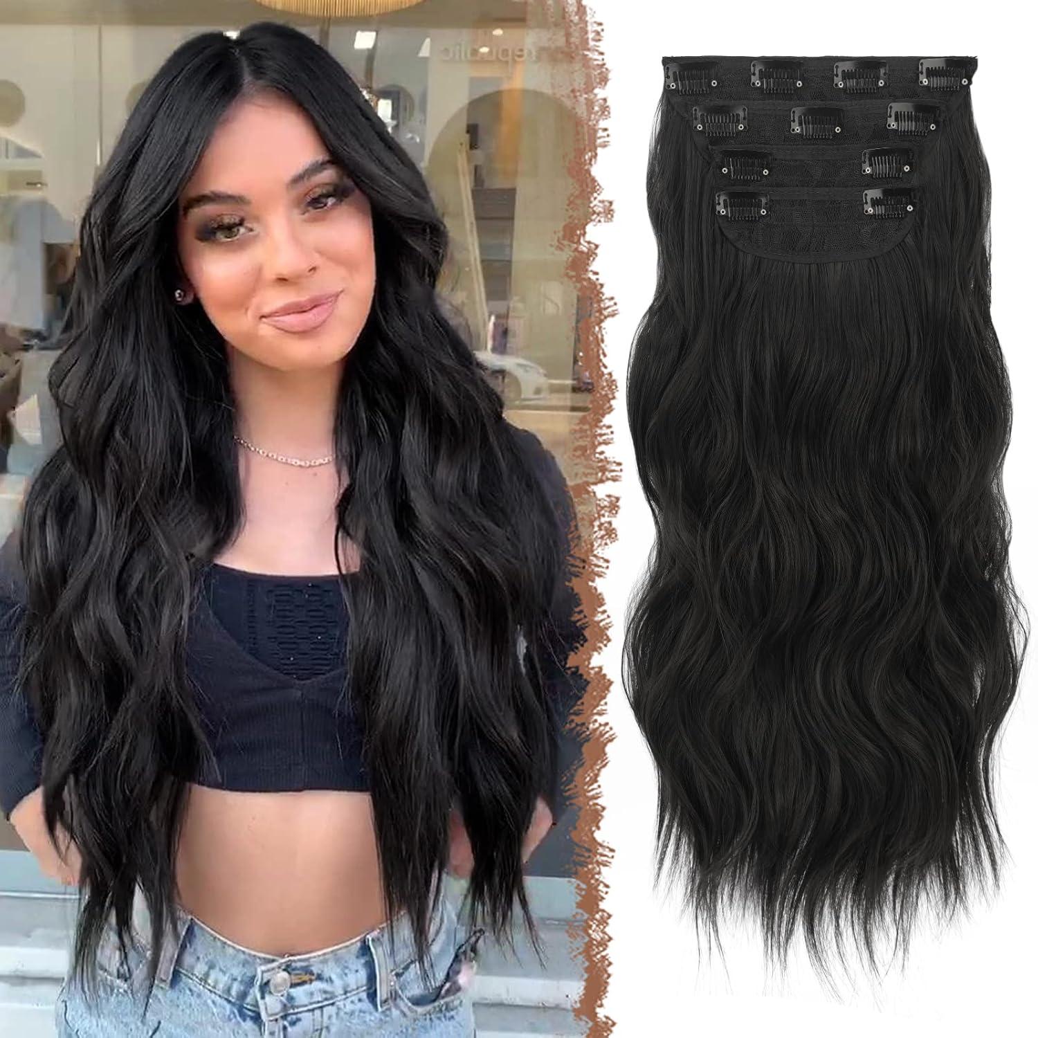 imageFESHFEN Clip in Hair Extensions 4PCs Long Wavy Curly Thick Hairpieces Full Head Natural Synthetic Extension for Women 16 Inch Natural Black2 Natural Black
