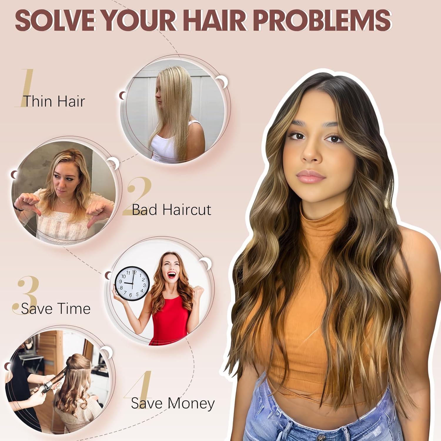 imageFESHFEN Clip in Hair Extensions 4PCs Long Wavy Curly Thick Hairpieces Full Head Natural Synthetic Extension for Women 16 Inch Natural Black2 Natural Black