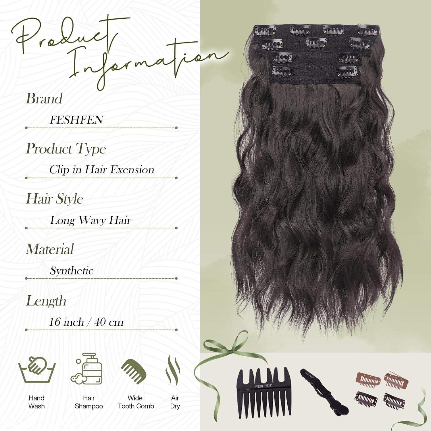 imageFESHFEN Clip in Hair Extensions 4PCs Long Wavy Curly Thick Hairpieces Full Head Natural Synthetic Extension for Women 16 Inch Natural Black2 Natural Black