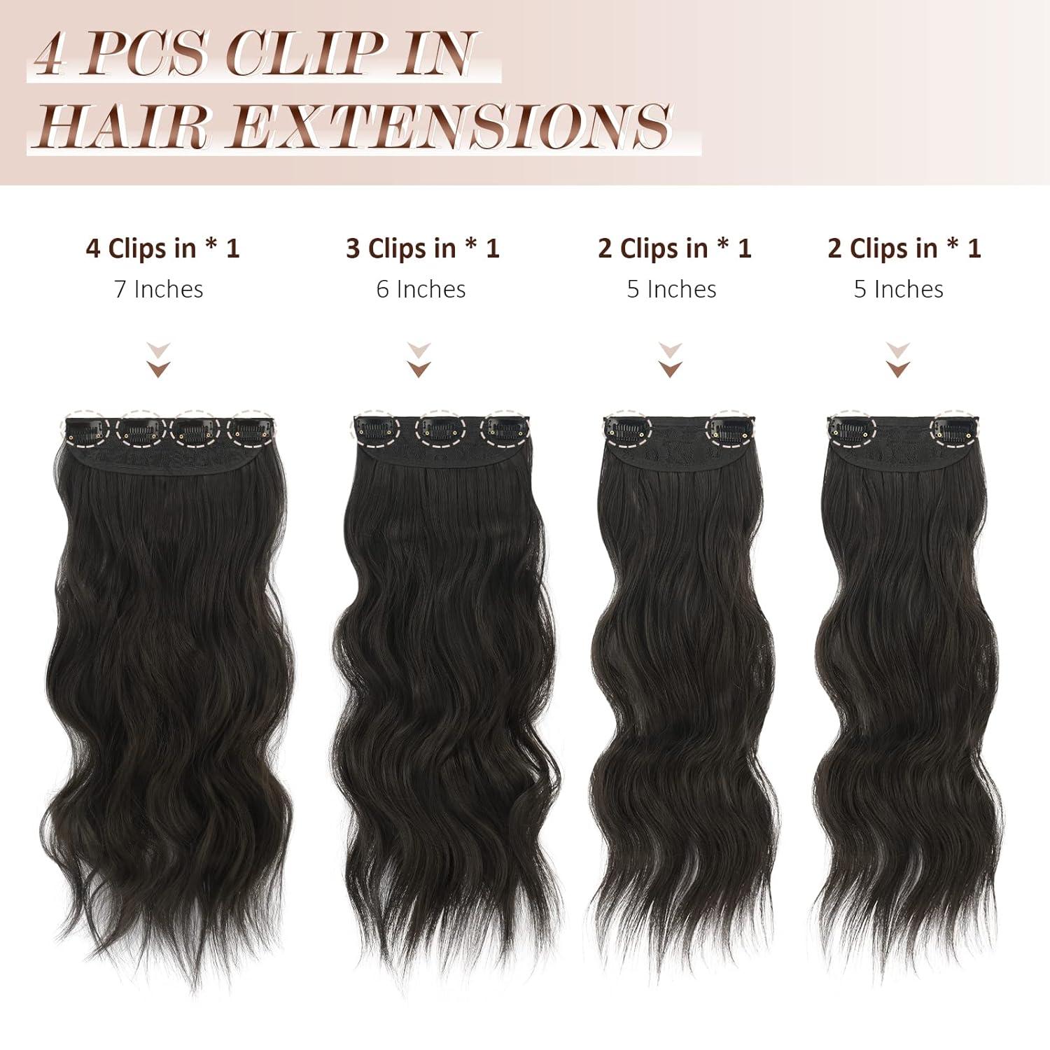 imageFESHFEN Clip in Hair Extensions 4PCs Long Wavy Curly Thick Hairpieces Full Head Natural Synthetic Extension for Women 16 Inch Natural Black2 Natural Black