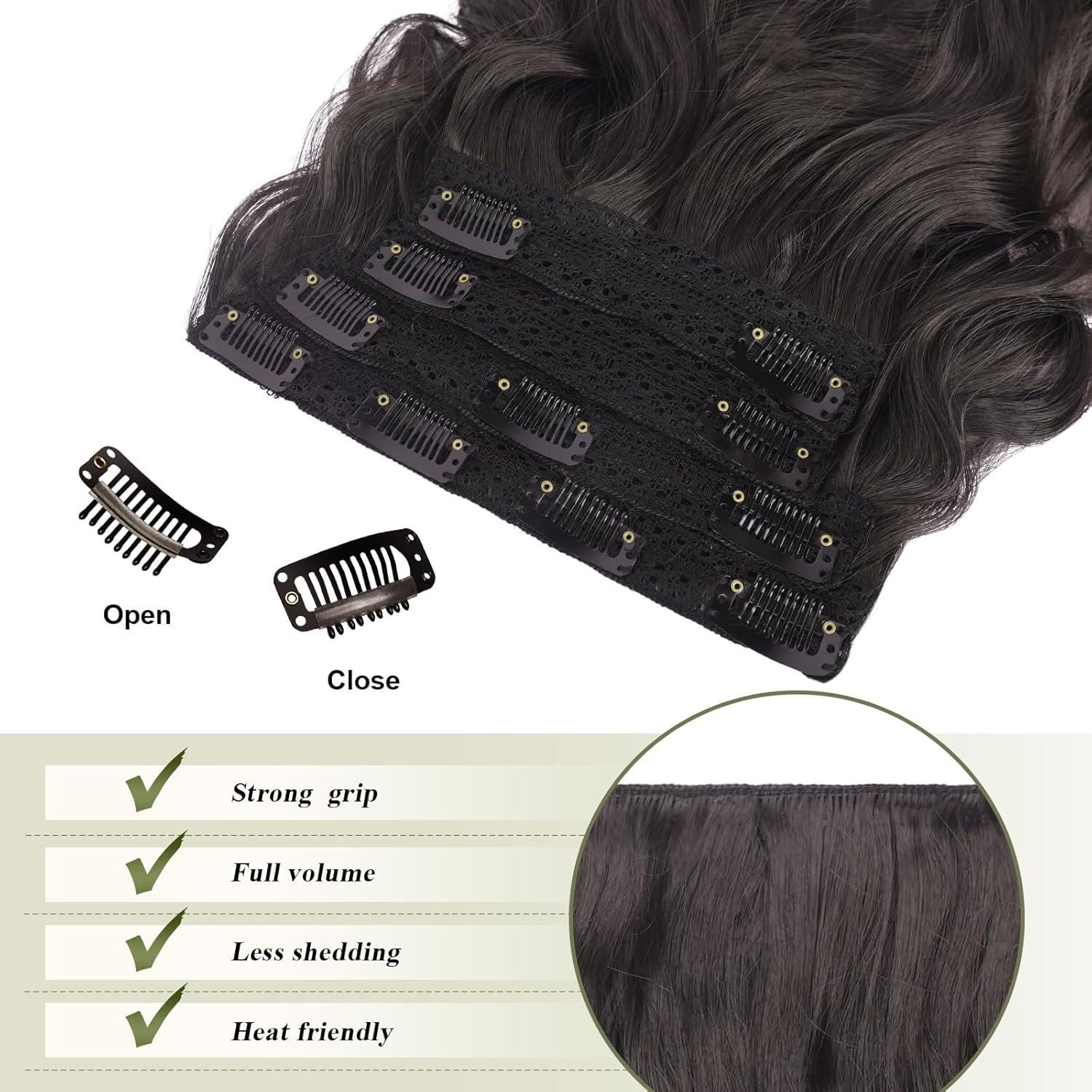imageFESHFEN Clip in Hair Extensions 4PCs Long Wavy Curly Thick Hairpieces Full Head Natural Synthetic Extension for Women 16 Inch Natural Black2 Natural Black