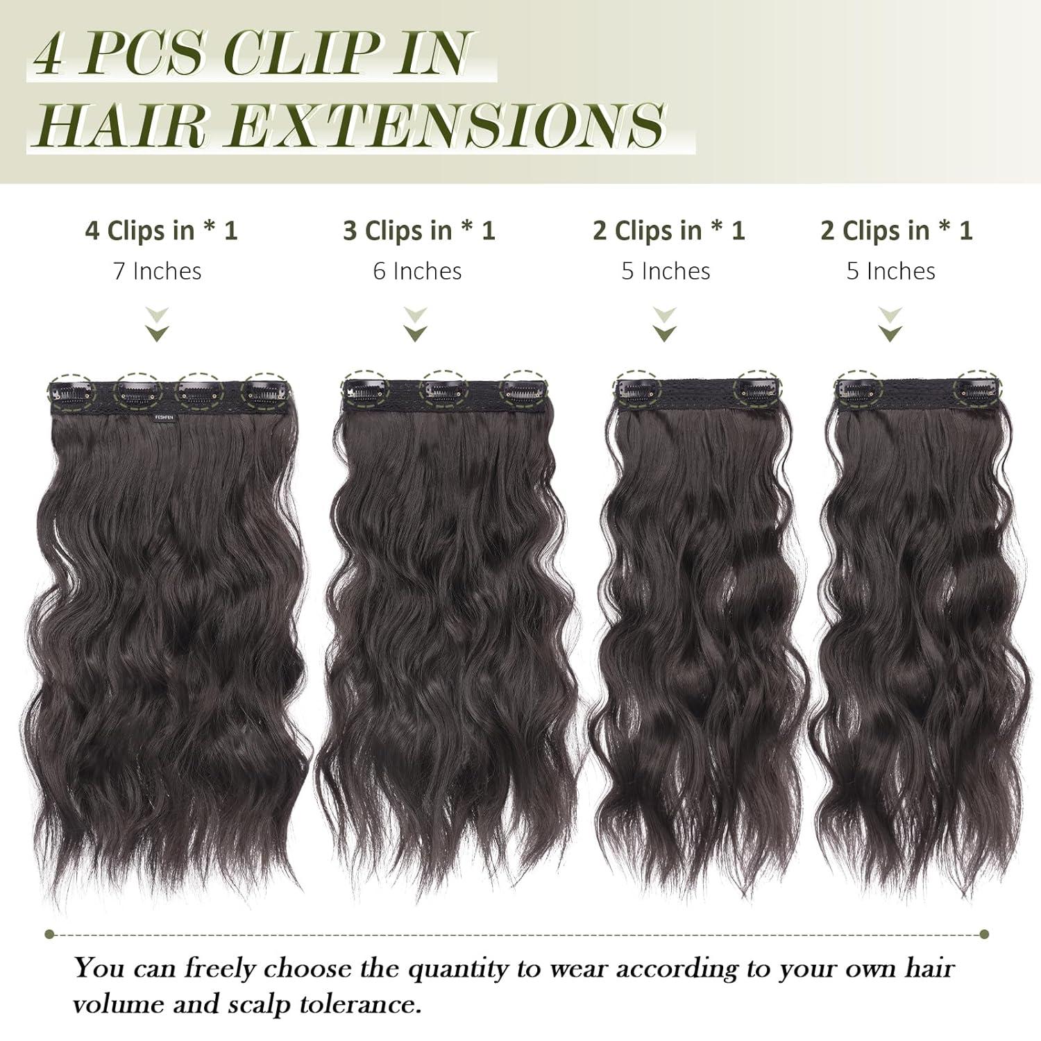imageFESHFEN Clip in Hair Extensions 4PCs Long Wavy Curly Thick Hairpieces Full Head Natural Synthetic Extension for Women 16 Inch Natural Black2 Natural Black