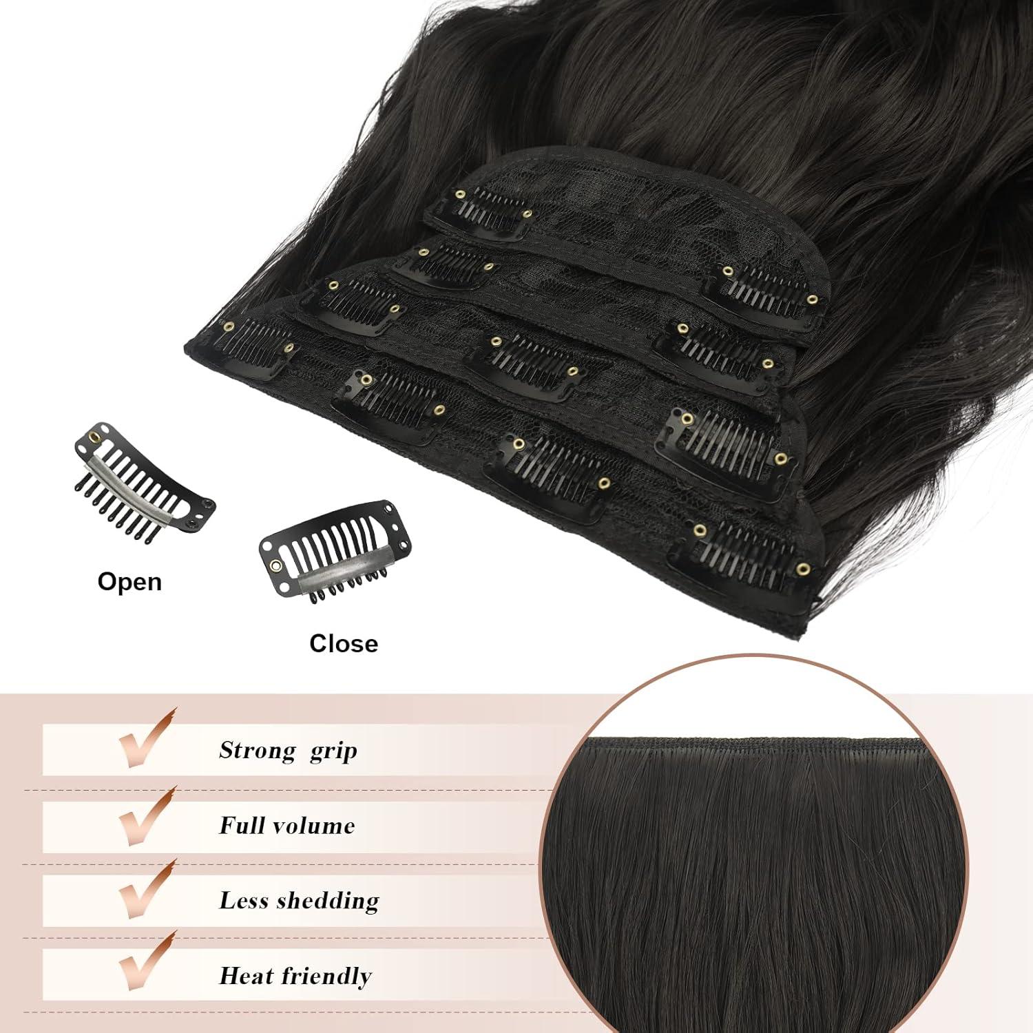 imageFESHFEN Clip in Hair Extensions 4PCs Long Wavy Curly Thick Hairpieces Full Head Natural Synthetic Extension for Women 16 Inch Natural Black2 Natural Black