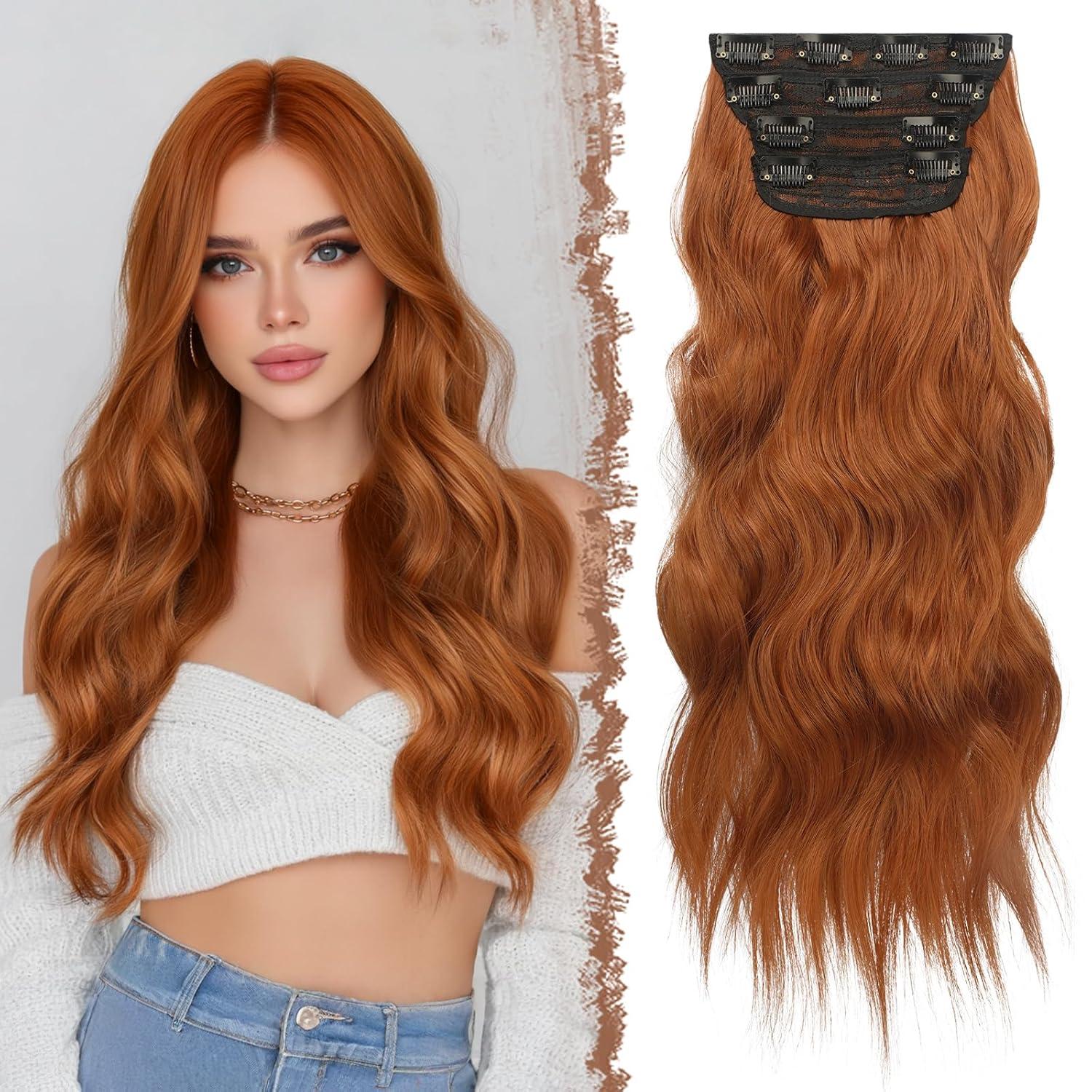 imageFESHFEN Clip in Hair Extensions 4PCs Long Wavy Curly Thick Hairpieces Full Head Natural Synthetic Extension for Women 16 Inch Natural Black30C Copper Red