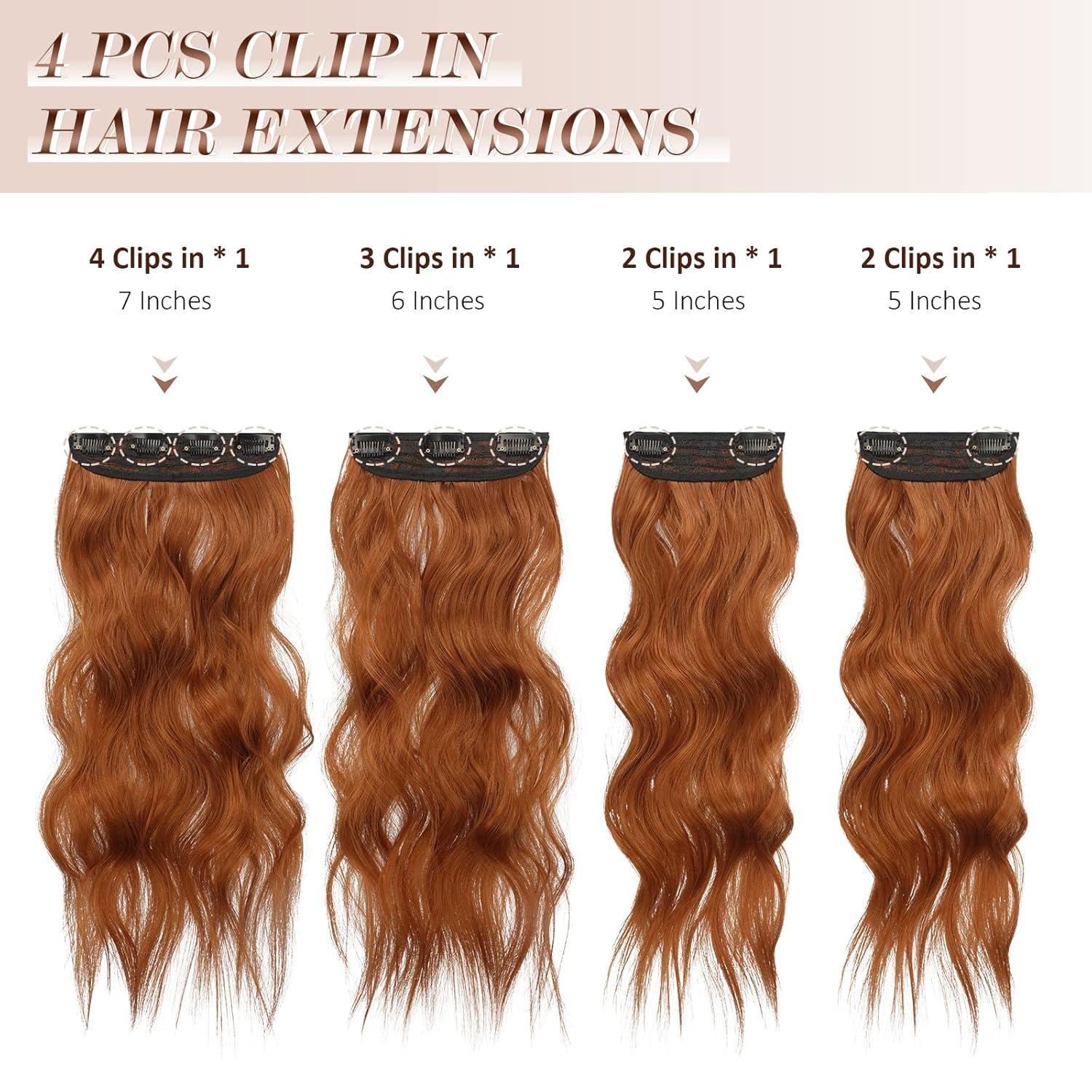 imageFESHFEN Clip in Hair Extensions 4PCs Long Wavy Curly Thick Hairpieces Full Head Natural Synthetic Extension for Women 16 Inch Natural Black30C Copper Red