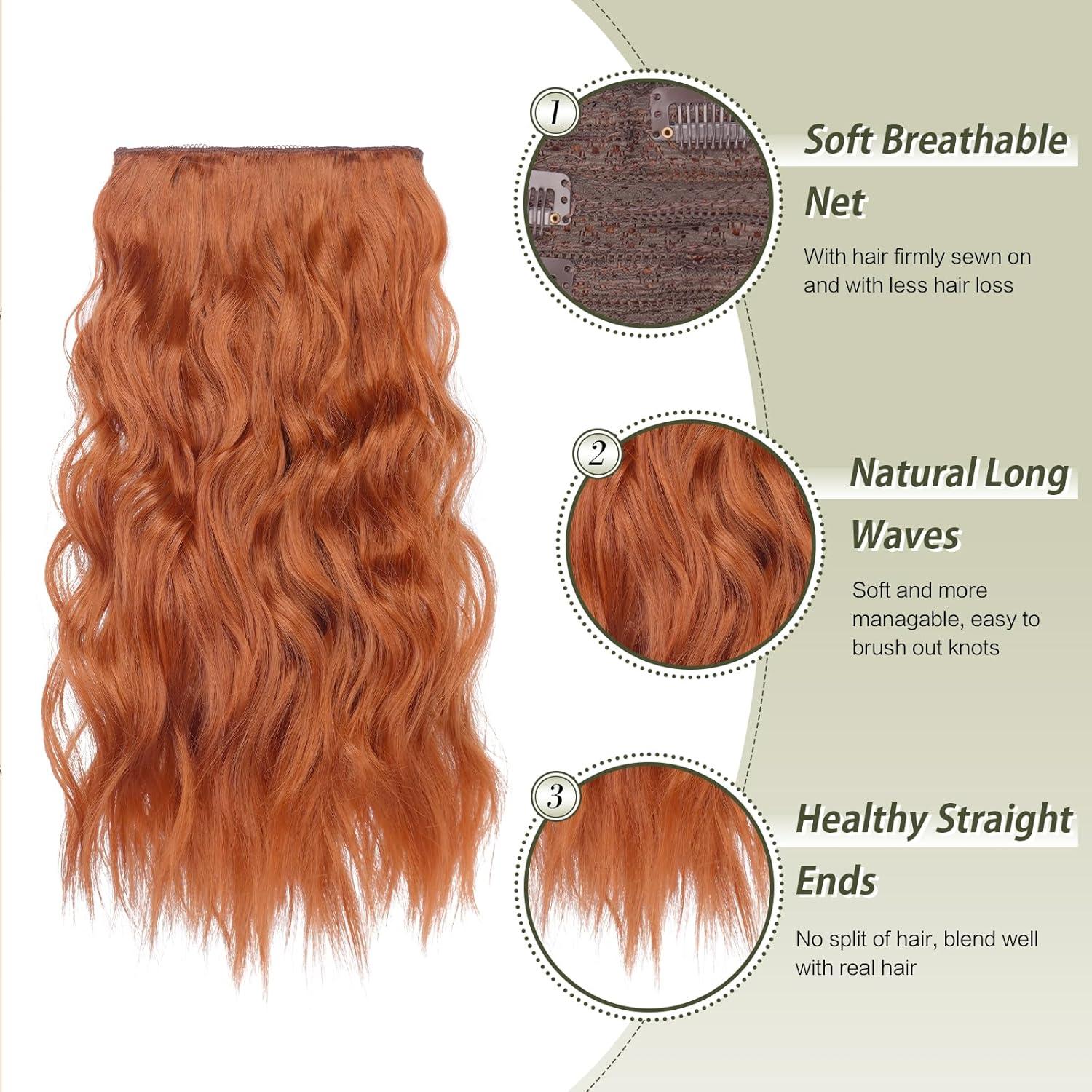 imageFESHFEN Clip in Hair Extensions 4PCs Long Wavy Curly Thick Hairpieces Full Head Natural Synthetic Extension for Women 16 Inch Natural Black30C Copper Red