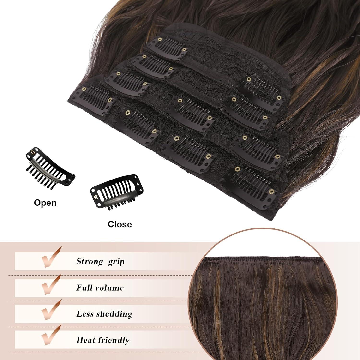 imageFESHFEN Clip in Hair Extensions 4PCs Long Wavy Curly Thick Hairpieces Full Head Natural Synthetic Extension for Women 16 Inch Natural Black4H1830 Black Brown Mixed Light Brown
