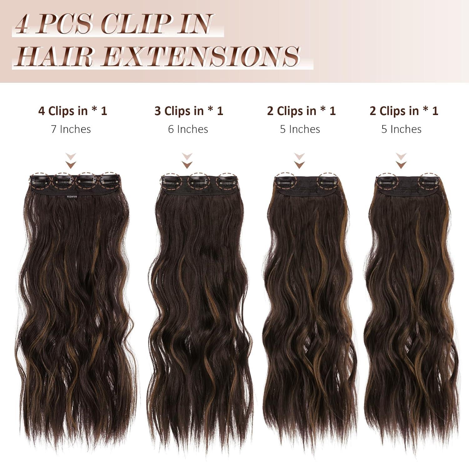 imageFESHFEN Clip in Hair Extensions 4PCs Long Wavy Curly Thick Hairpieces Full Head Natural Synthetic Extension for Women 16 Inch Natural Black4H1830 Black Brown Mixed Light Brown