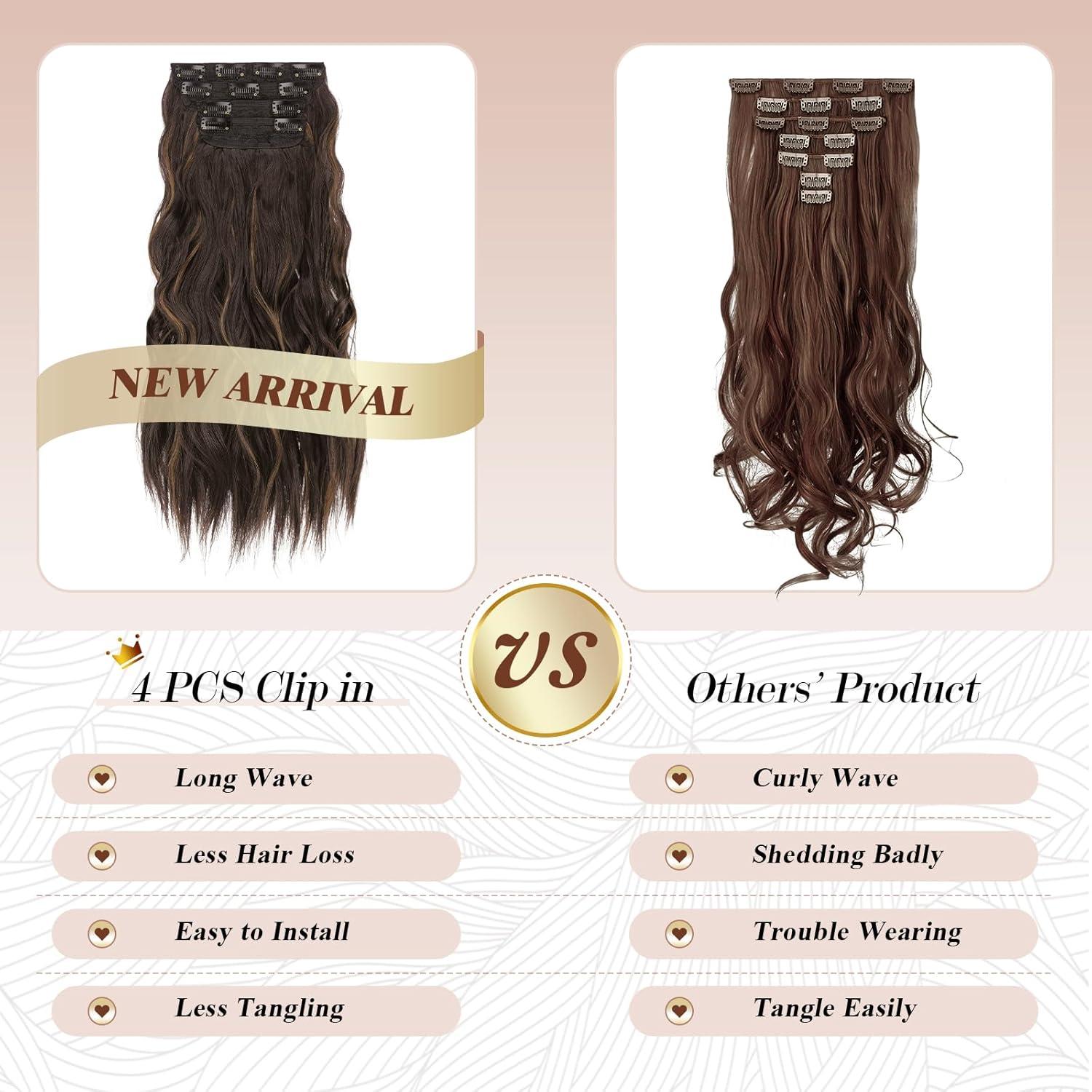 imageFESHFEN Clip in Hair Extensions 4PCs Long Wavy Curly Thick Hairpieces Full Head Natural Synthetic Extension for Women 16 Inch Natural Black4H1830 Black Brown Mixed Light Brown