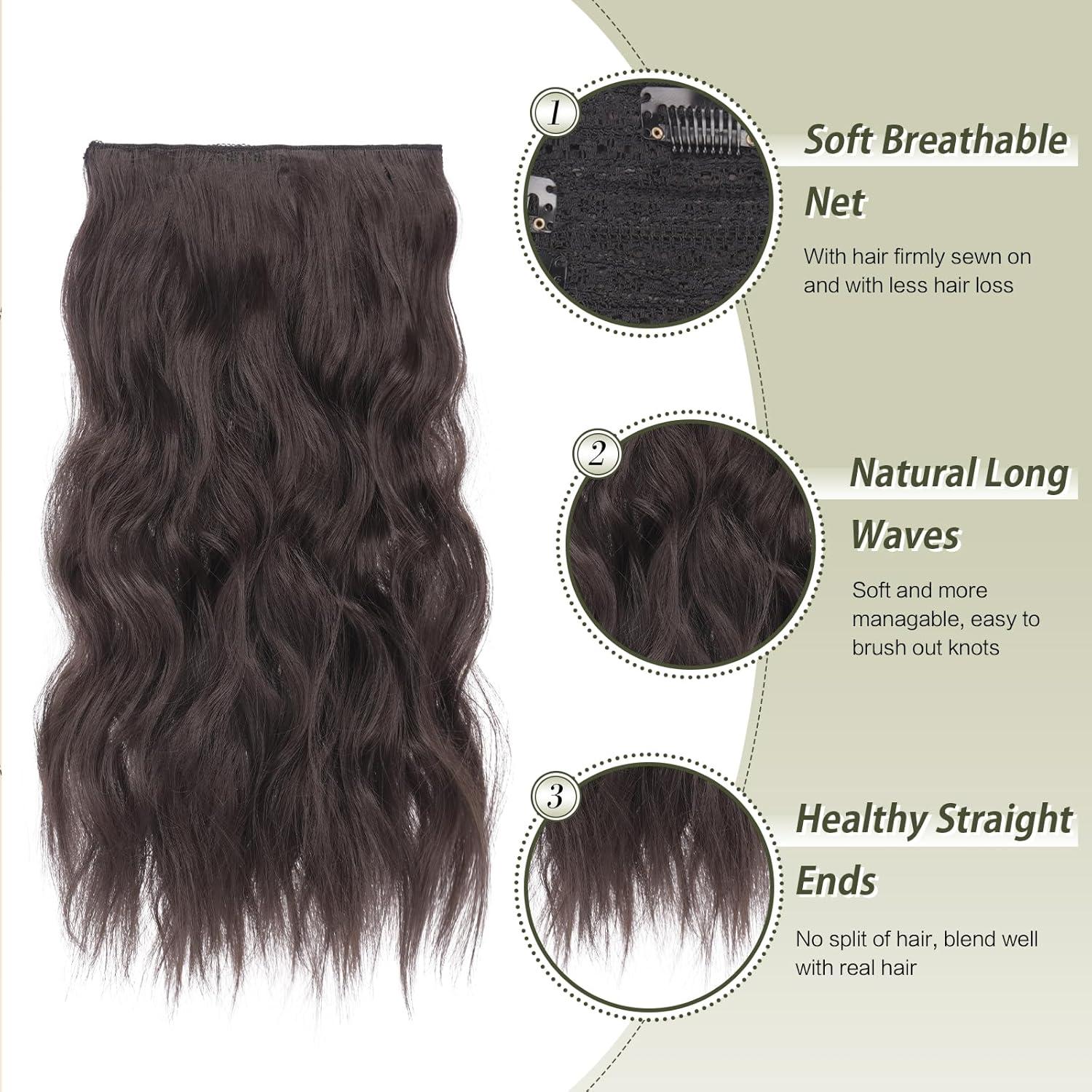 imageFESHFEN Clip in Hair Extensions 4PCs Long Wavy Curly Thick Hairpieces Full Head Natural Synthetic Extension for Women 16 Inch Natural Black6A Dark Brown