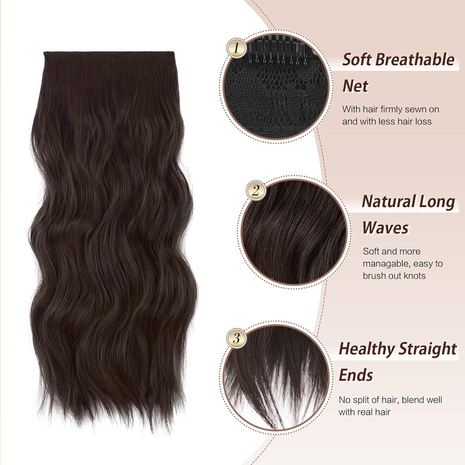 imageFESHFEN Clip in Hair Extensions 4PCs Long Wavy Curly Thick Hairpieces Full Head Natural Synthetic Extension for Women 16 Inch Natural Black6A Dark Brown