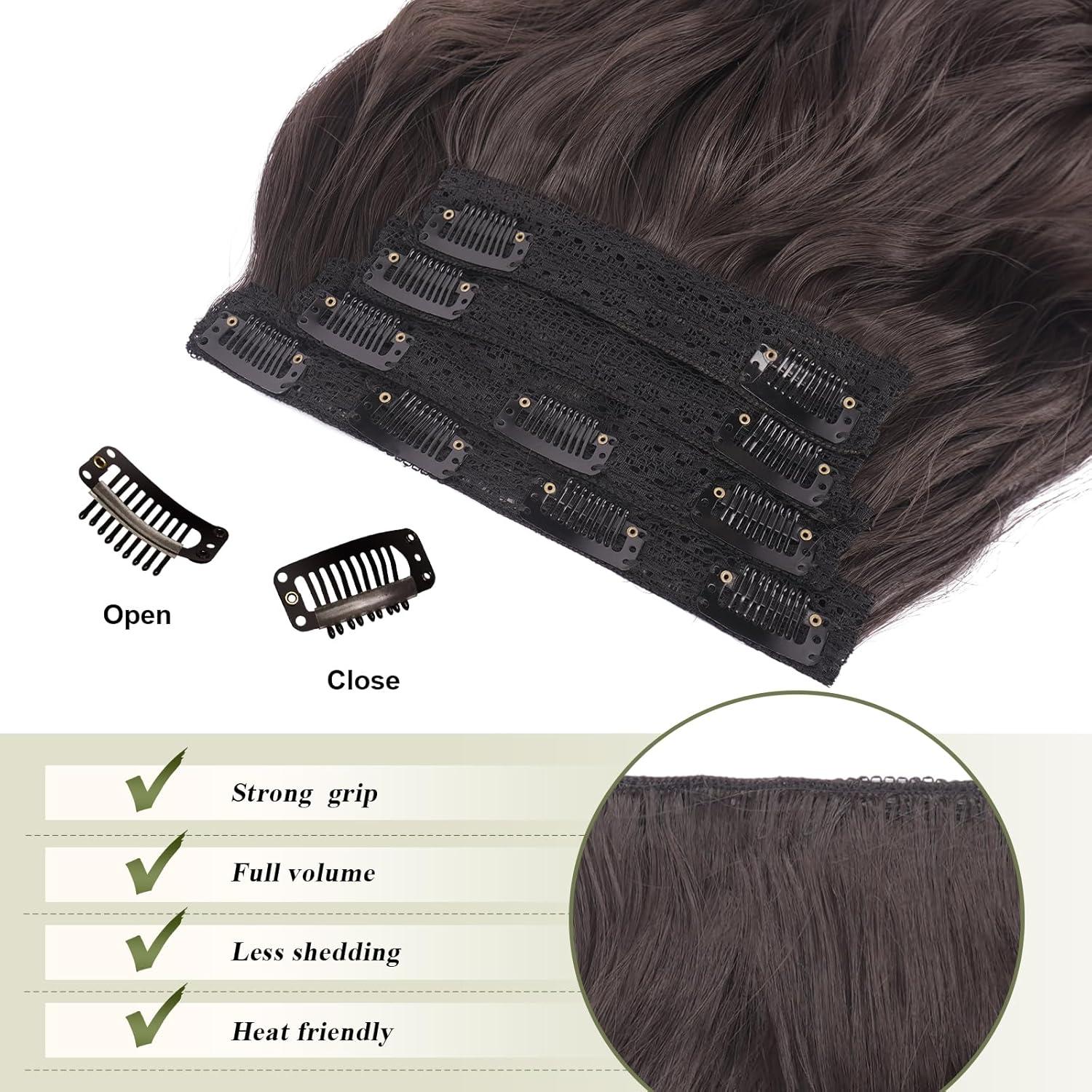 imageFESHFEN Clip in Hair Extensions 4PCs Long Wavy Curly Thick Hairpieces Full Head Natural Synthetic Extension for Women 16 Inch Natural Black6A Dark Brown