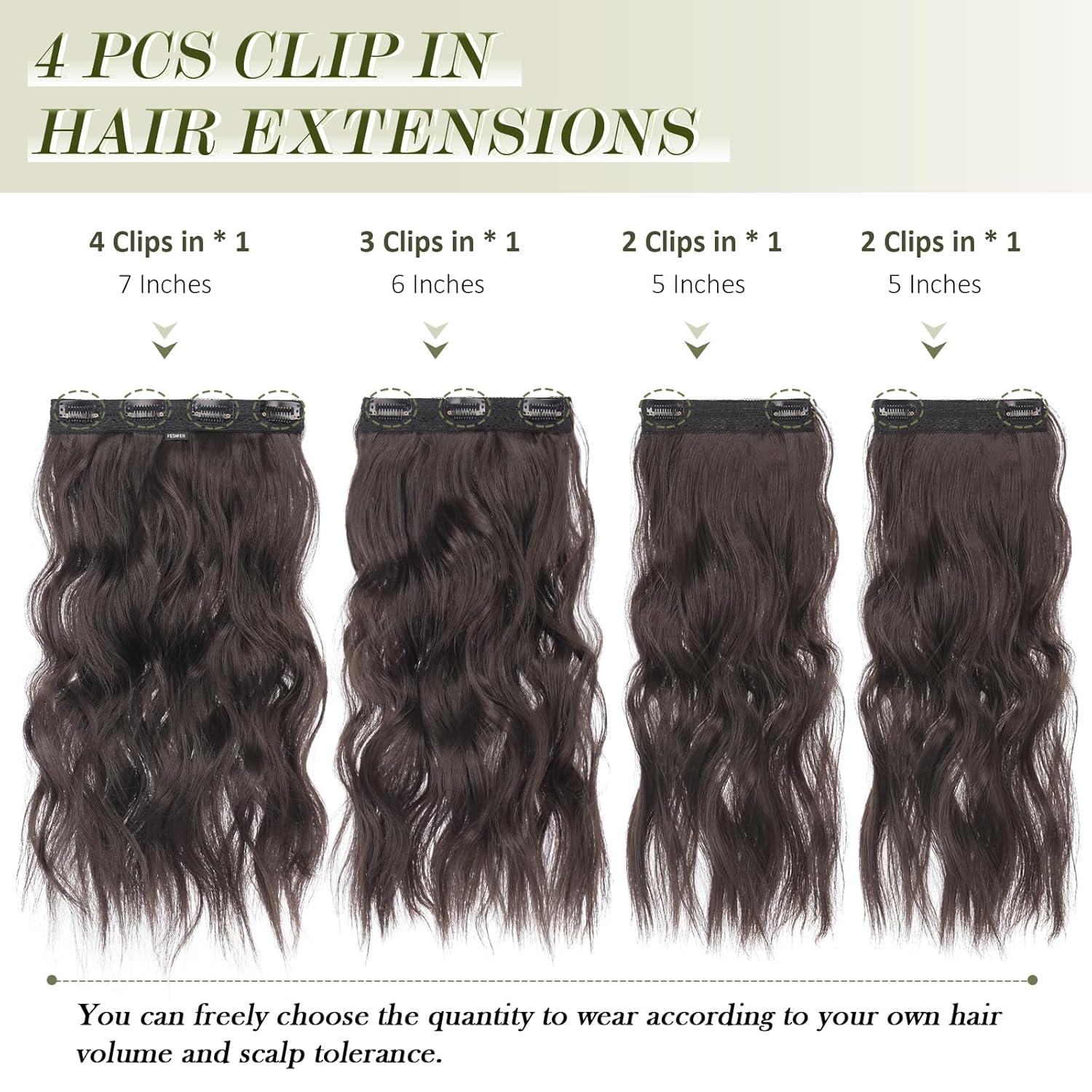imageFESHFEN Clip in Hair Extensions 4PCs Long Wavy Curly Thick Hairpieces Full Head Natural Synthetic Extension for Women 16 Inch Natural Black6A Dark Brown