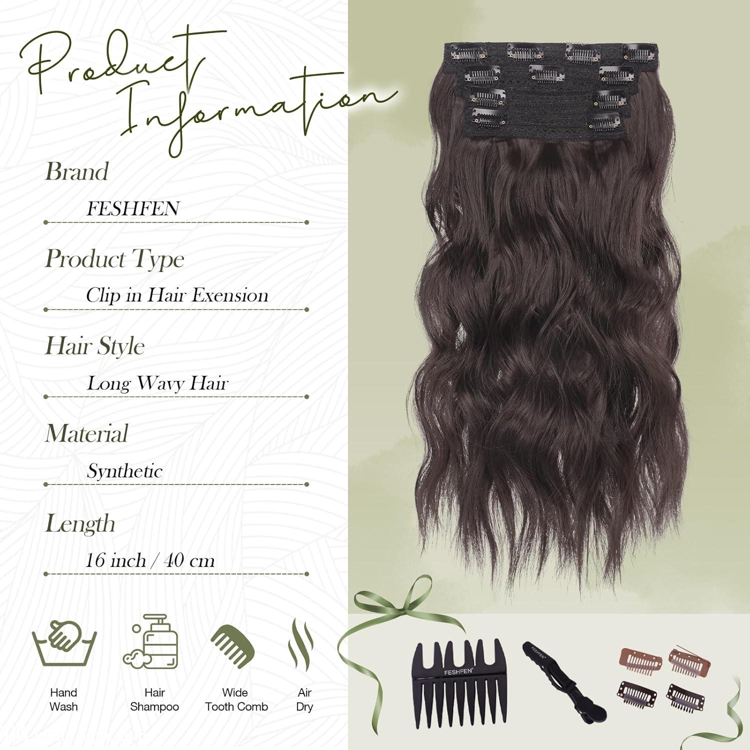 imageFESHFEN Clip in Hair Extensions 4PCs Long Wavy Curly Thick Hairpieces Full Head Natural Synthetic Extension for Women 16 Inch Natural Black6A Dark Brown