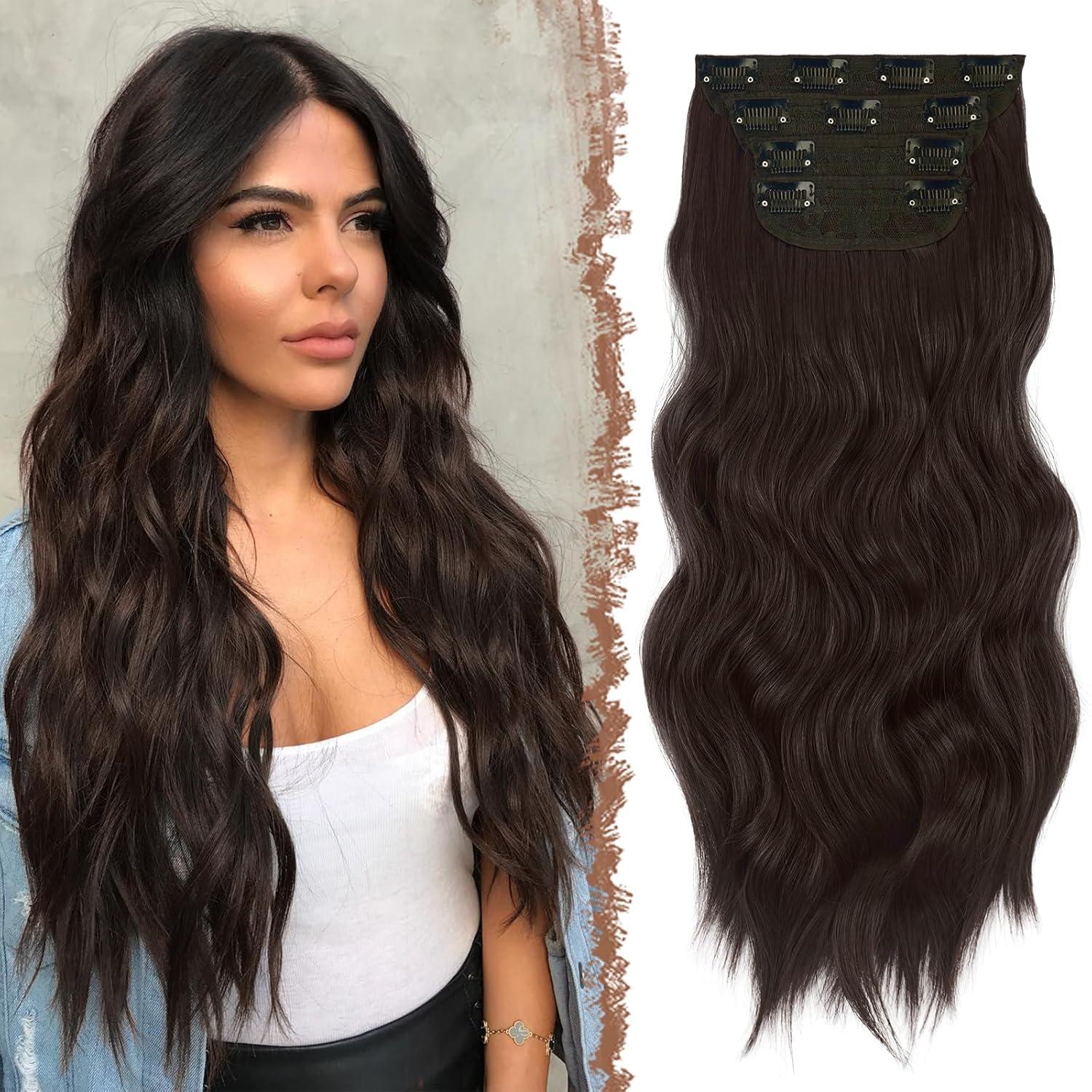 imageFESHFEN Clip in Hair Extensions 4PCs Long Wavy Curly Thick Hairpieces Full Head Natural Synthetic Extension for Women 16 Inch Natural Black6A Dark Brown