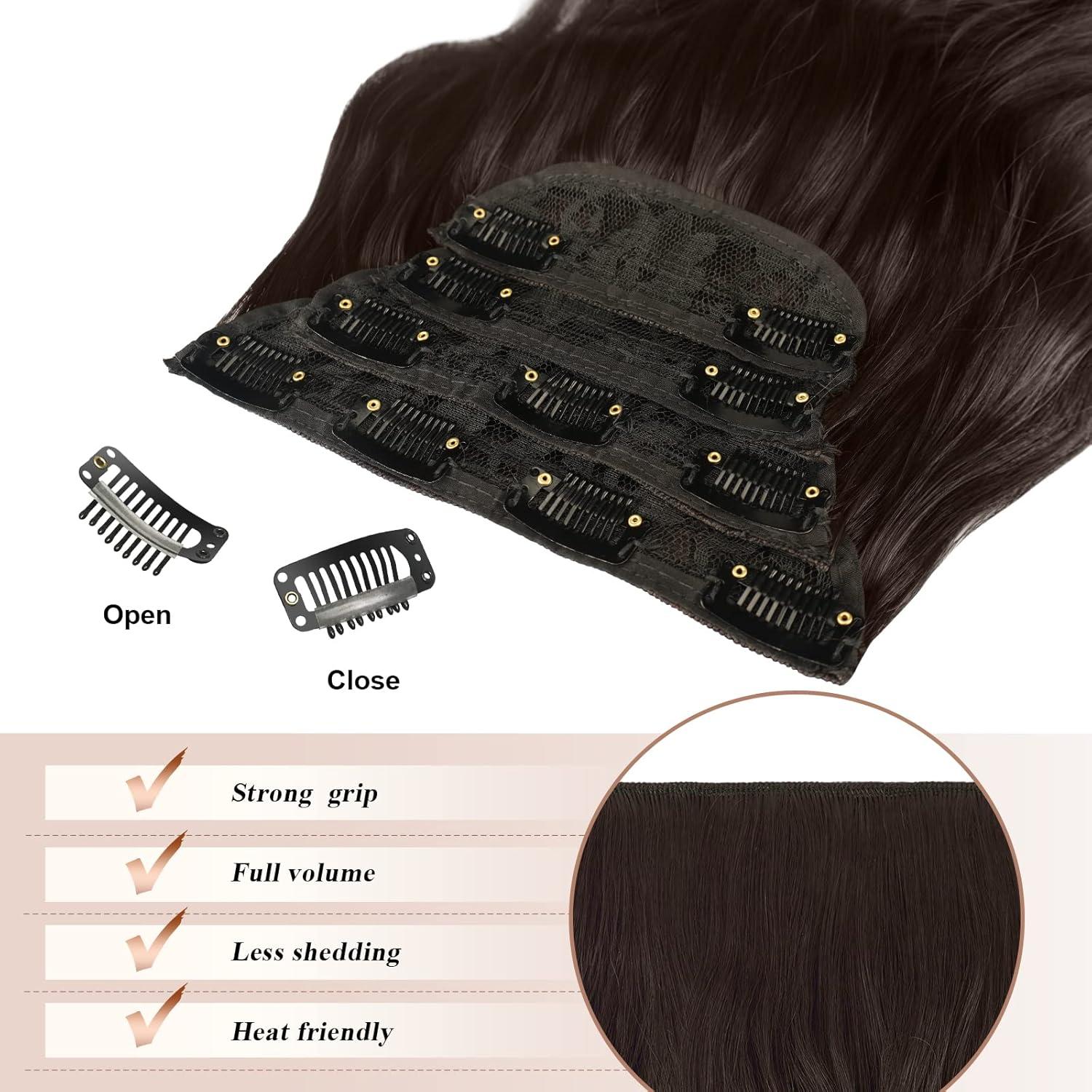 imageFESHFEN Clip in Hair Extensions 4PCs Long Wavy Curly Thick Hairpieces Full Head Natural Synthetic Extension for Women 16 Inch Natural Black6A Dark Brown