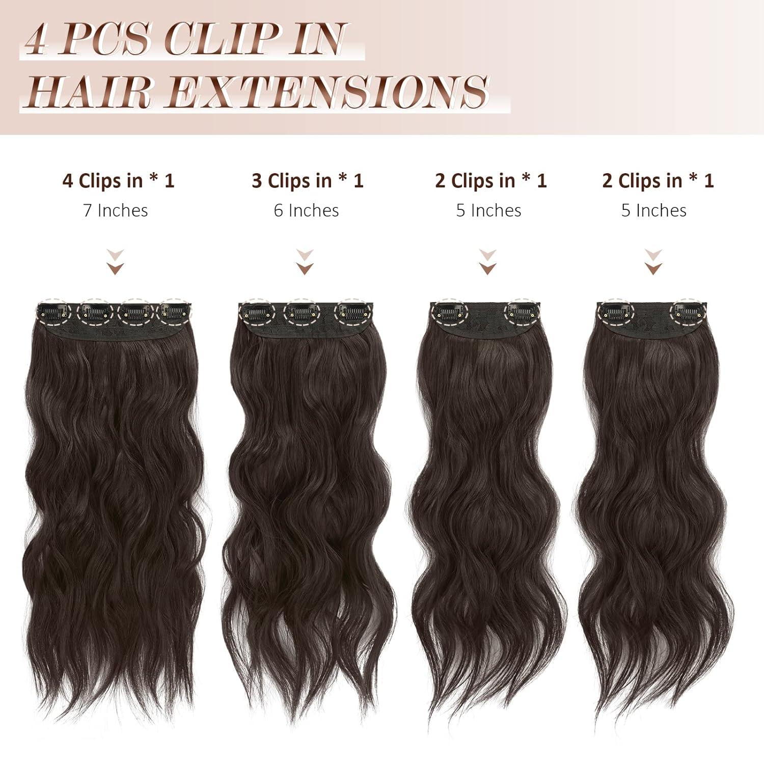 imageFESHFEN Clip in Hair Extensions 4PCs Long Wavy Curly Thick Hairpieces Full Head Natural Synthetic Extension for Women 16 Inch Natural Black6A Dark Brown