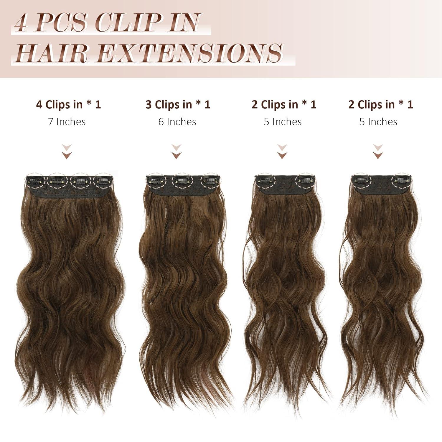 imageFESHFEN Clip in Hair Extensions 4PCs Long Wavy Curly Thick Hairpieces Full Head Natural Synthetic Extension for Women 16 Inch Natural Black810 Chestnut Brown