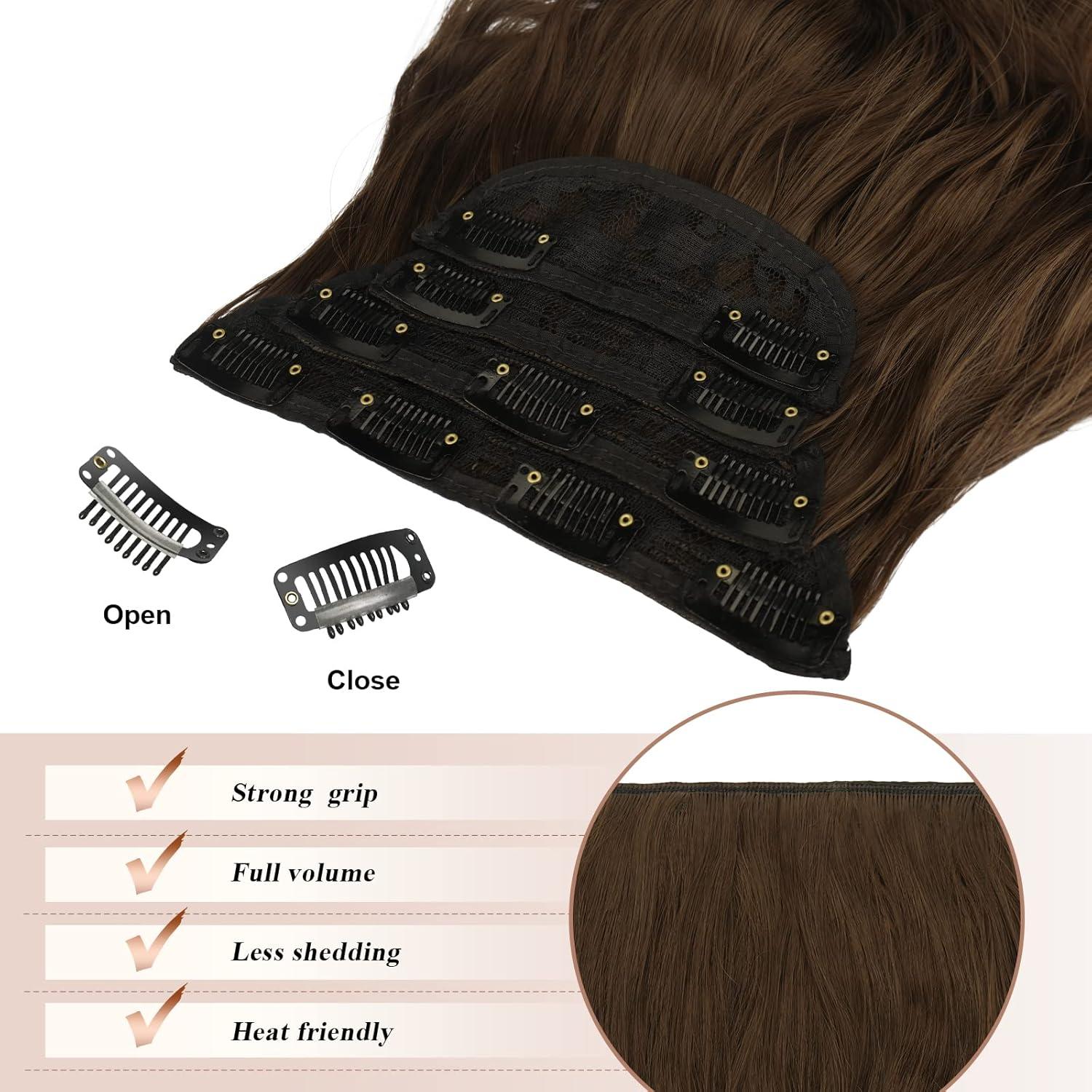 imageFESHFEN Clip in Hair Extensions 4PCs Long Wavy Curly Thick Hairpieces Full Head Natural Synthetic Extension for Women 16 Inch Natural Black810 Chestnut Brown