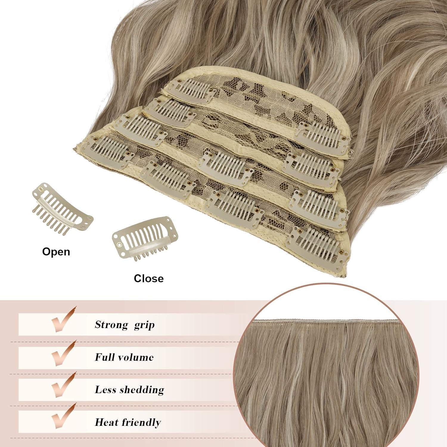 imageFESHFEN Clip in Hair Extensions 4PCs Long Wavy Curly Thick Hairpieces Full Head Natural Synthetic Extension for Women 16 Inch Natural Black88H86 Ash Brown Mixed Light Blonde