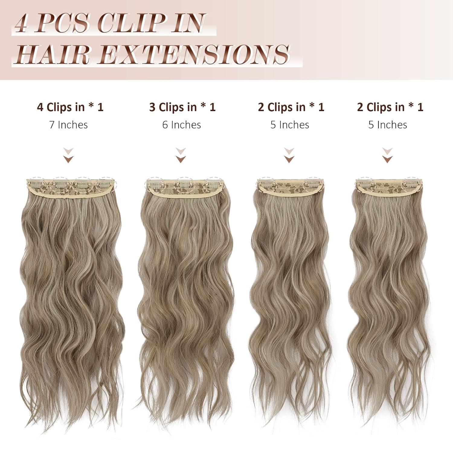 imageFESHFEN Clip in Hair Extensions 4PCs Long Wavy Curly Thick Hairpieces Full Head Natural Synthetic Extension for Women 16 Inch Natural Black88H86 Ash Brown Mixed Light Blonde