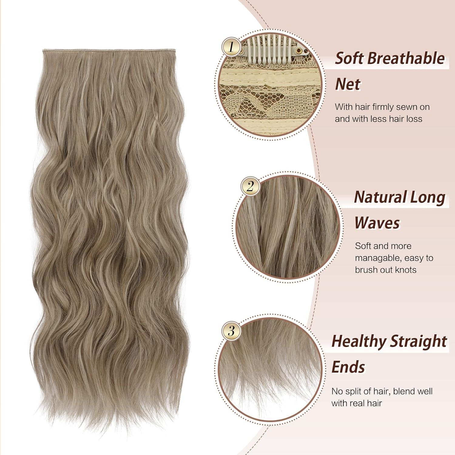imageFESHFEN Clip in Hair Extensions 4PCs Long Wavy Curly Thick Hairpieces Full Head Natural Synthetic Extension for Women 16 Inch Natural Black88H86 Ash Brown Mixed Light Blonde