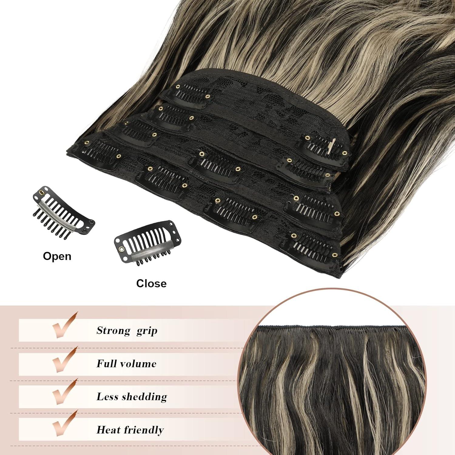 imageFESHFEN Clip in Hair Extensions 4PCs Long Wavy Curly Thick Hairpieces Full Head Natural Synthetic Extension for Women 16 Inch Natural BlackBlack Highlighted Blonde
