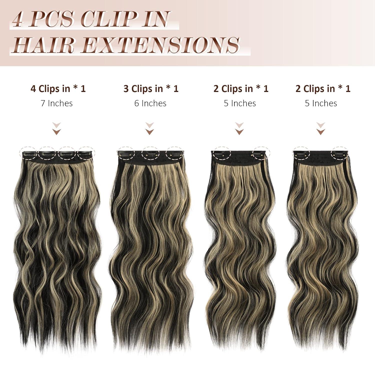 imageFESHFEN Clip in Hair Extensions 4PCs Long Wavy Curly Thick Hairpieces Full Head Natural Synthetic Extension for Women 16 Inch Natural BlackBlack Highlighted Blonde