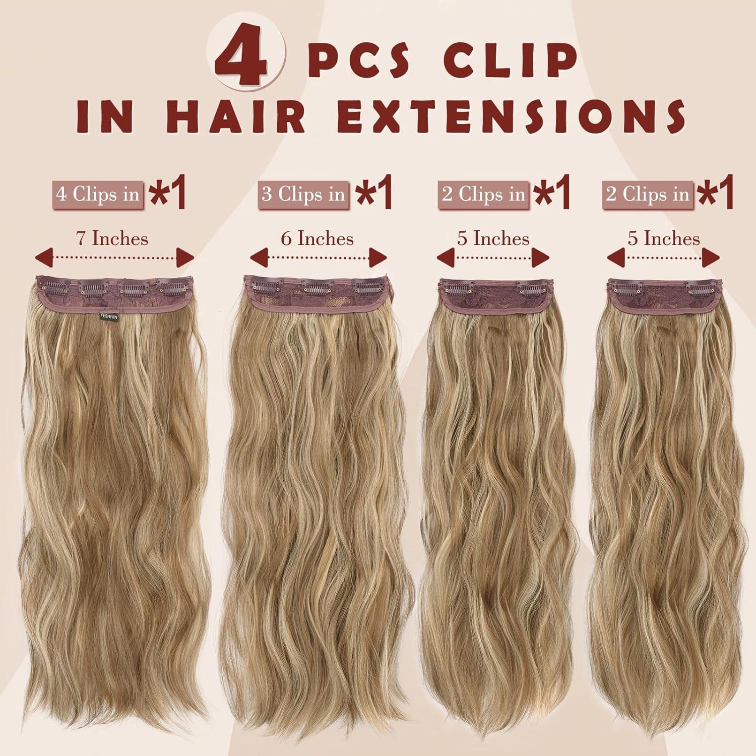 imageFESHFEN Clip in Hair Extensions for Women 4 Pcs Thick Double Weft Long Wavy Soft Synthetic Blends Well Hair Extension 20 inch Dirty BlondeLight Brown Mixed Blonde4PCS