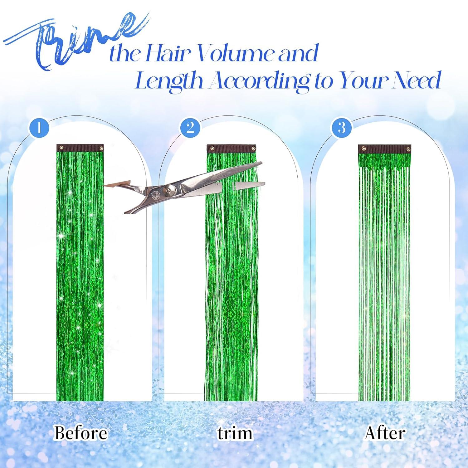 imageFESHFEN Clip in Hair Tinsel 12 PCS Skyblue Clip ins Glitter Tinsel Hair Extensions Sparkle Fairy Dazzle Blue Colorful Accessories Kit for Women 20 InchGreen 12 PCS