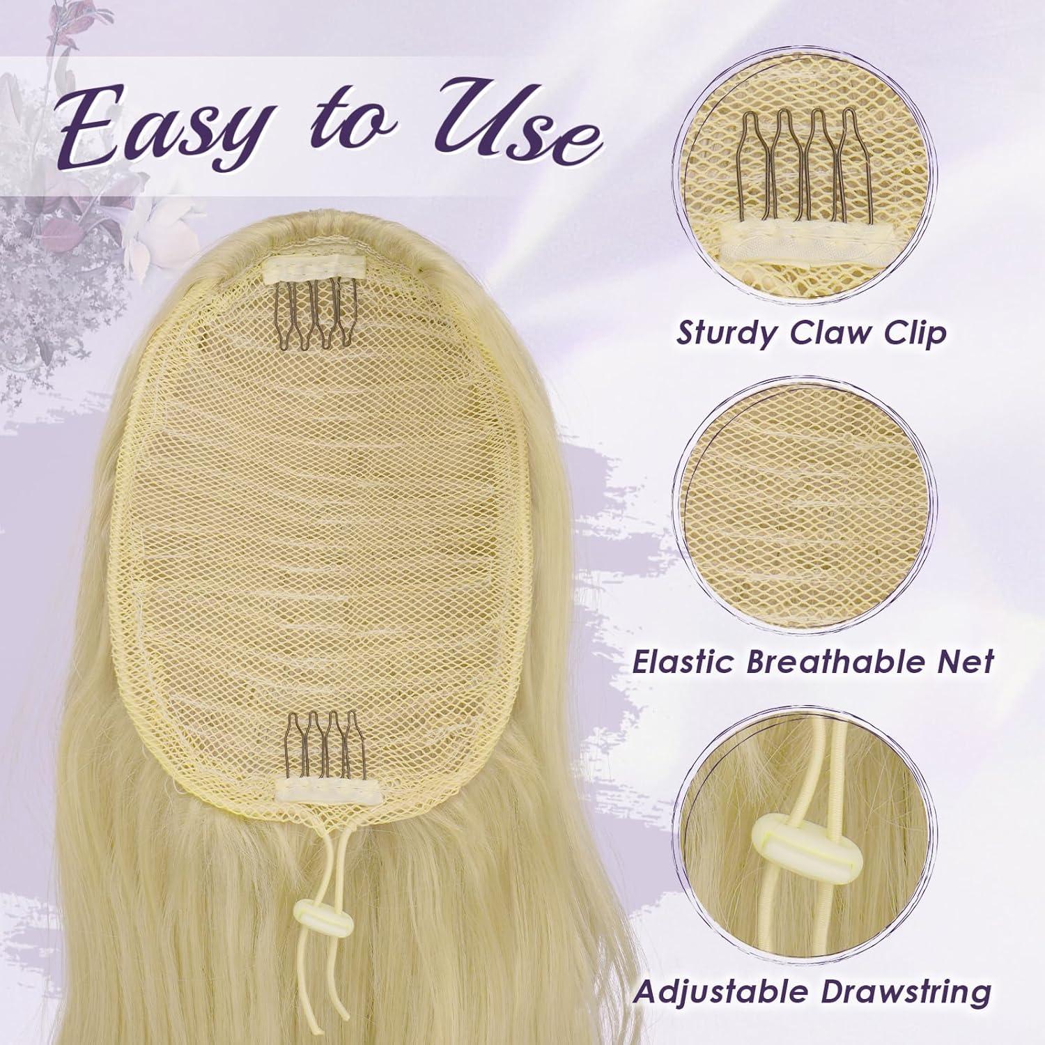 imageFESHFEN Drawstring Ponytail Extension Natural Long Wavy Layered Synthetic Pony Tails Honey Blonde Mixed Light Brown Hair Extensions Hairpieces for Women 20 inch16613 Ash Blonde
