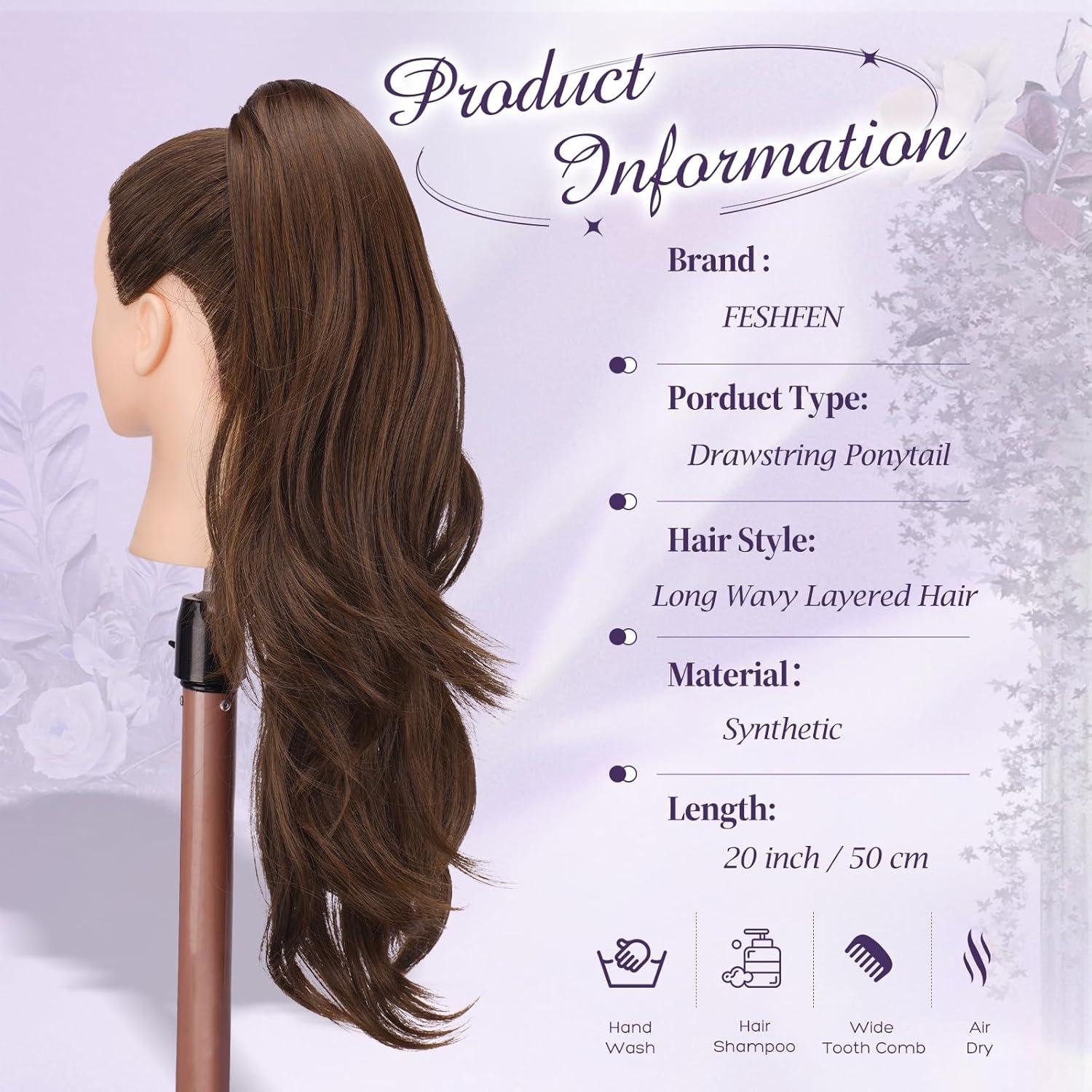 imageFESHFEN Drawstring Ponytail Extension Natural Long Wavy Layered Synthetic Pony Tails Honey Blonde Mixed Light Brown Hair Extensions Hairpieces for Women 20 inch430 Brown Auburn Mixed