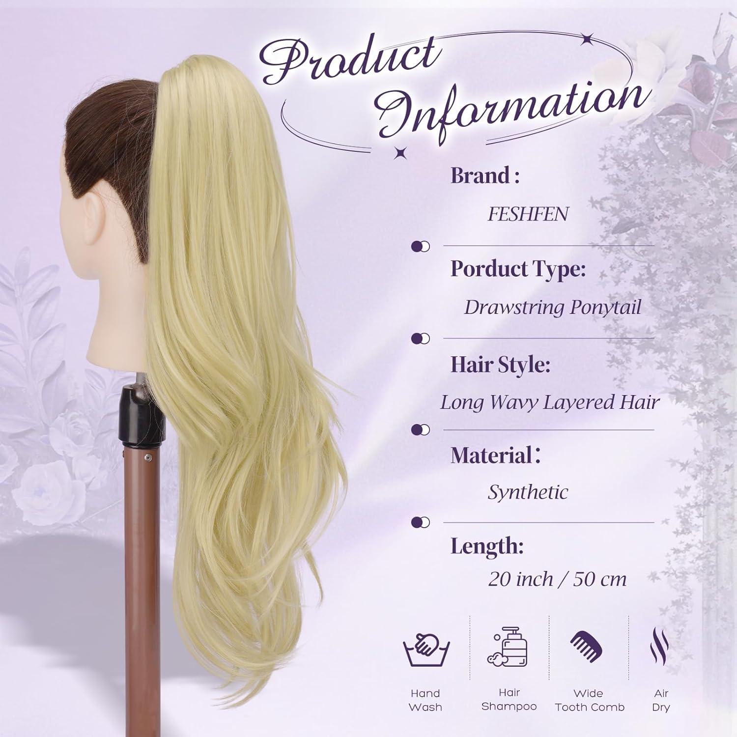 imageFESHFEN Drawstring Ponytail Extension Natural Long Wavy Layered Synthetic Pony Tails Honey Blonde Mixed Light Brown Hair Extensions Hairpieces for Women 20 inch16613 Ash Blonde