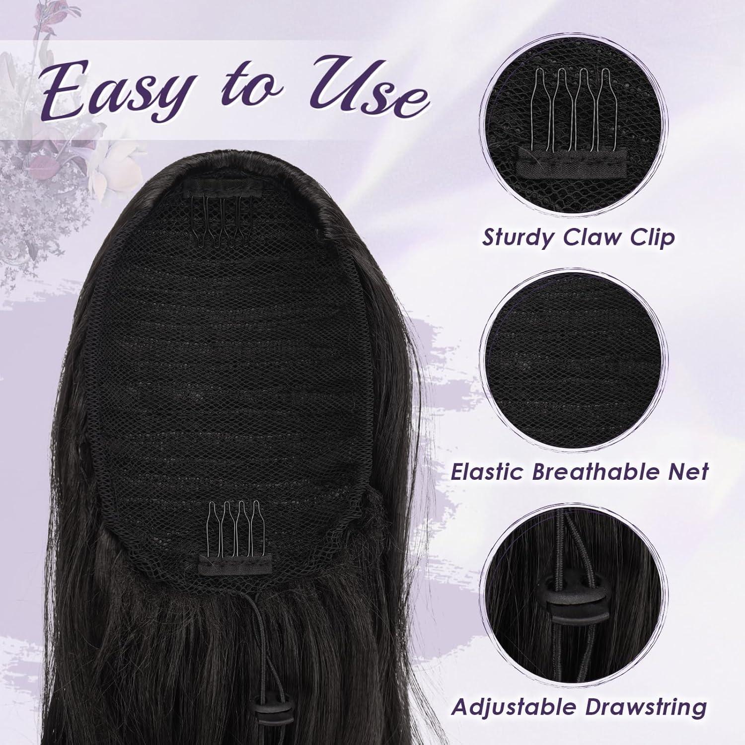 imageFESHFEN Drawstring Ponytail Extension Natural Long Wavy Layered Synthetic Pony Tails Honey Blonde Mixed Light Brown Hair Extensions Hairpieces for Women 20 inch2 Natural Black