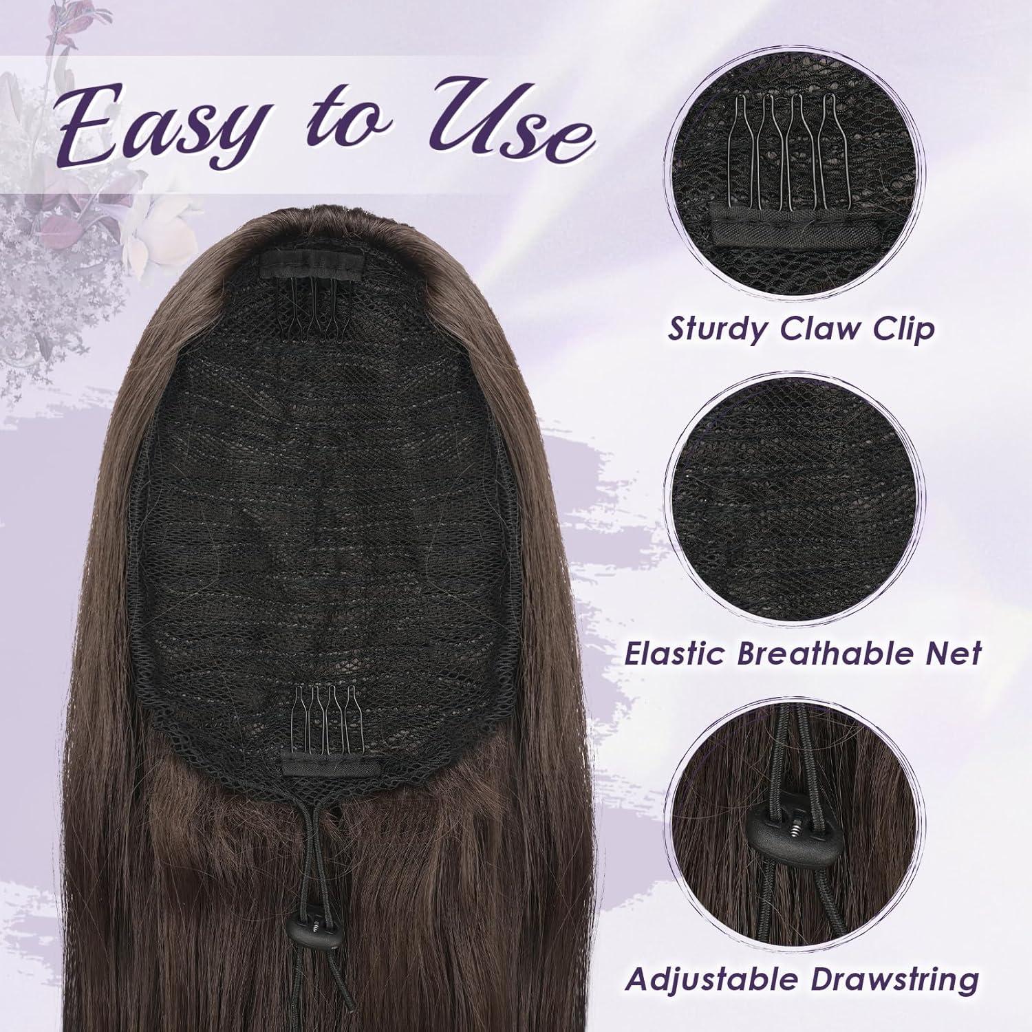 imageFESHFEN Drawstring Ponytail Extension Natural Long Wavy Layered Synthetic Pony Tails Honey Blonde Mixed Light Brown Hair Extensions Hairpieces for Women 20 inch6 Dark Brown