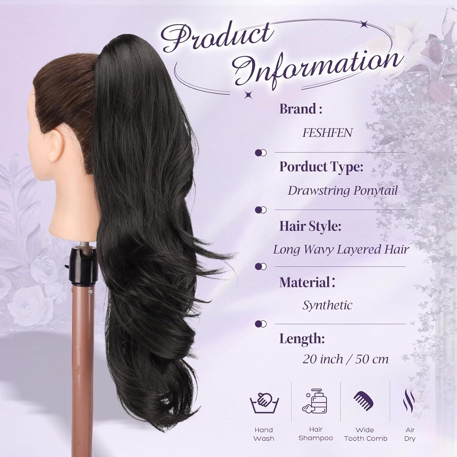 imageFESHFEN Drawstring Ponytail Extension Natural Long Wavy Layered Synthetic Pony Tails Honey Blonde Mixed Light Brown Hair Extensions Hairpieces for Women 20 inch2 Natural Black