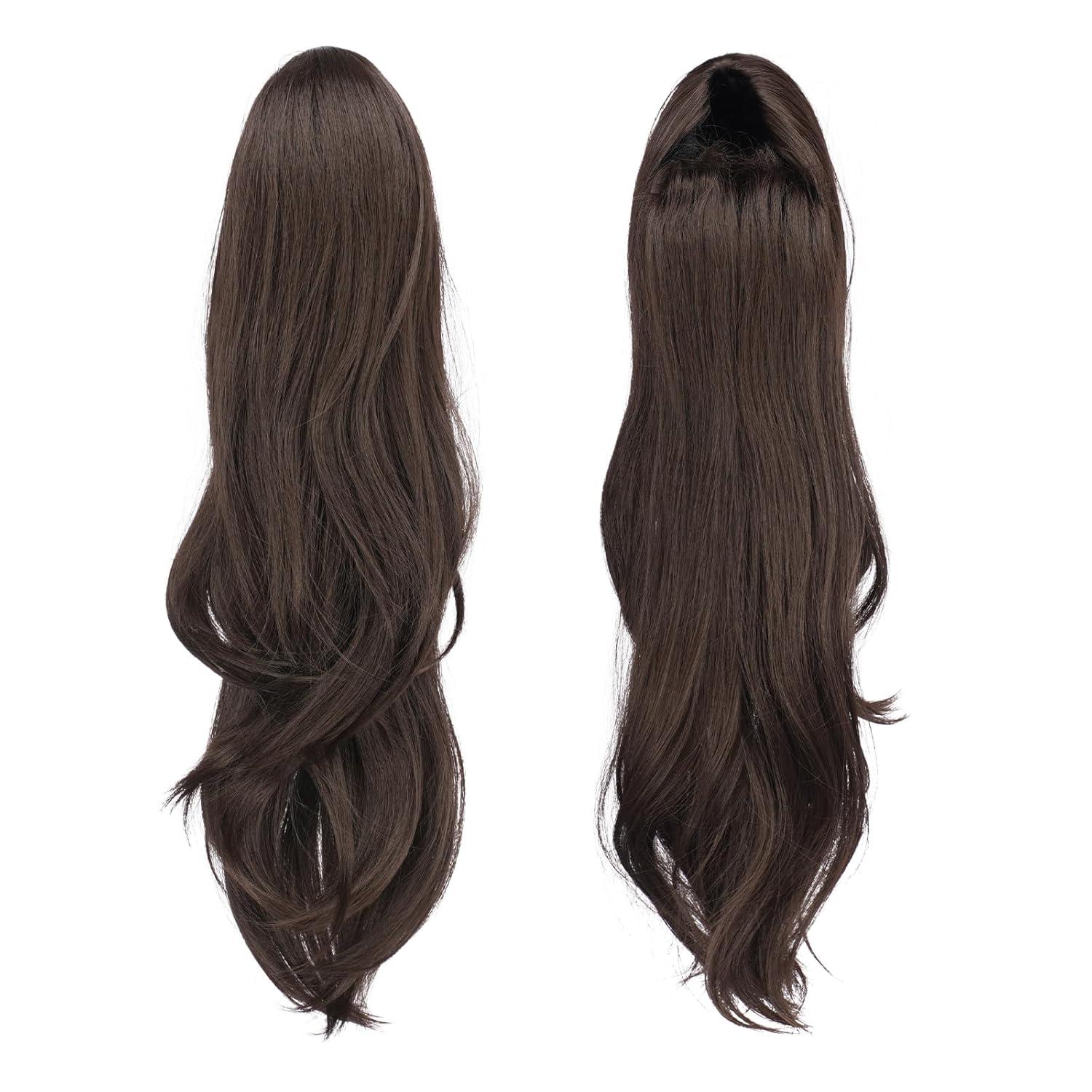 imageFESHFEN Drawstring Ponytail Extension Natural Long Wavy Layered Synthetic Pony Tails Honey Blonde Mixed Light Brown Hair Extensions Hairpieces for Women 20 inch6 Dark Brown