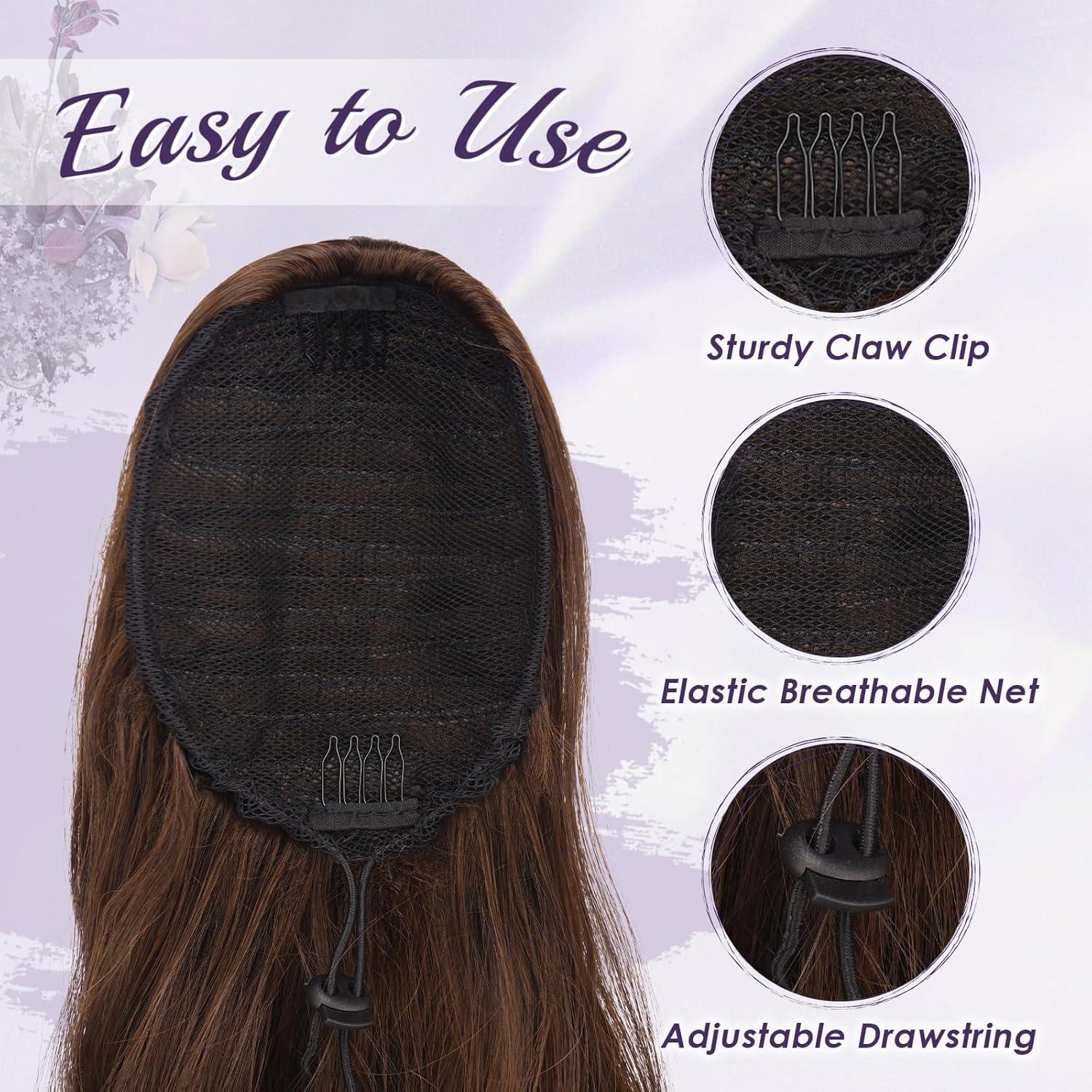 imageFESHFEN Drawstring Ponytail Extension Natural Long Wavy Layered Synthetic Pony Tails Honey Blonde Mixed Light Brown Hair Extensions Hairpieces for Women 20 inch430 Brown Auburn Mixed