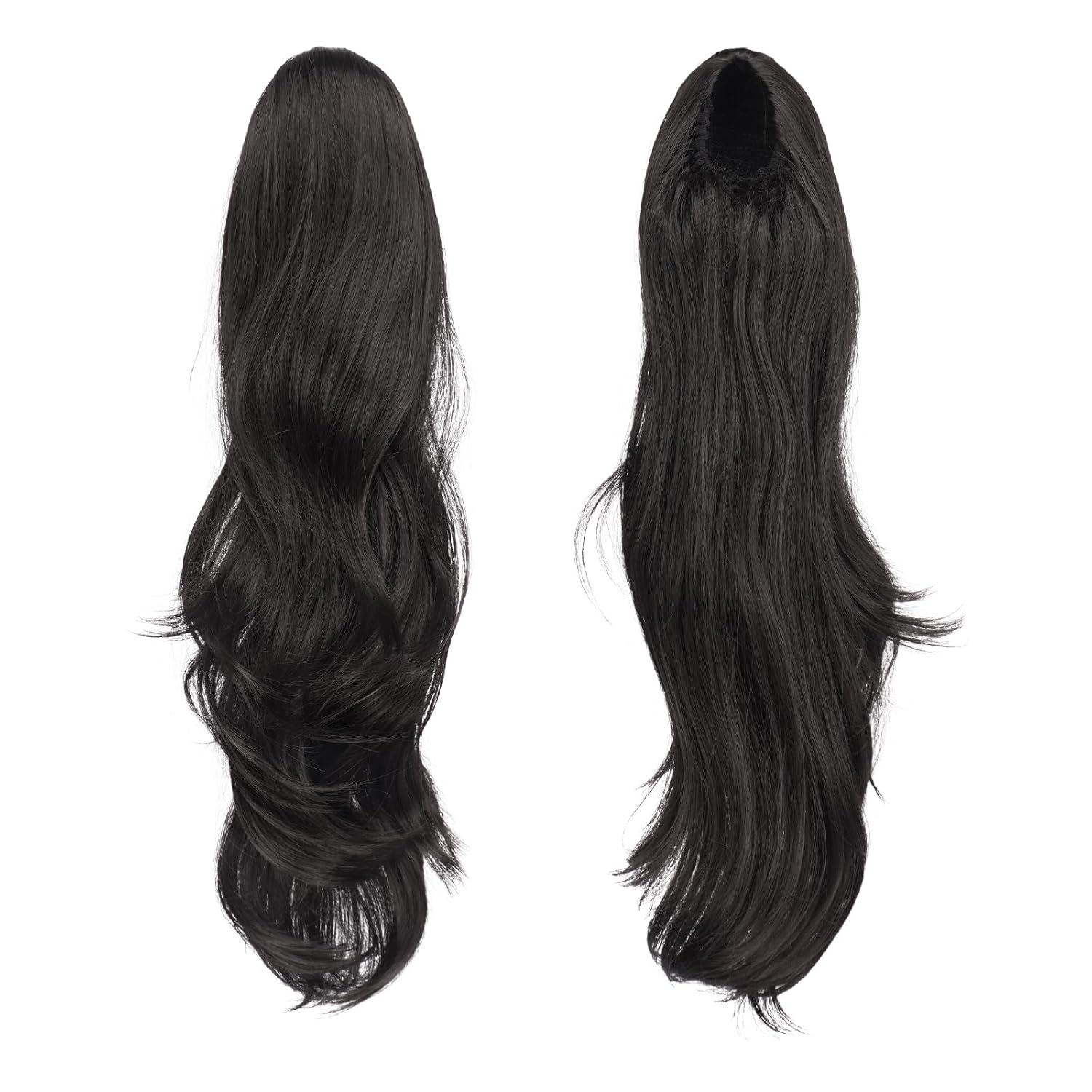 imageFESHFEN Drawstring Ponytail Extension Natural Long Wavy Layered Synthetic Pony Tails Honey Blonde Mixed Light Brown Hair Extensions Hairpieces for Women 20 inch2 Natural Black