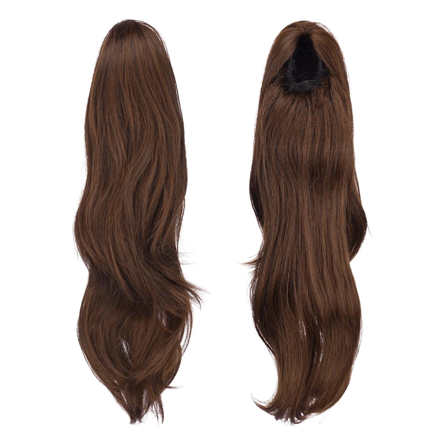 imageFESHFEN Drawstring Ponytail Extension Natural Long Wavy Layered Synthetic Pony Tails Honey Blonde Mixed Light Brown Hair Extensions Hairpieces for Women 20 inch430 Brown Auburn Mixed