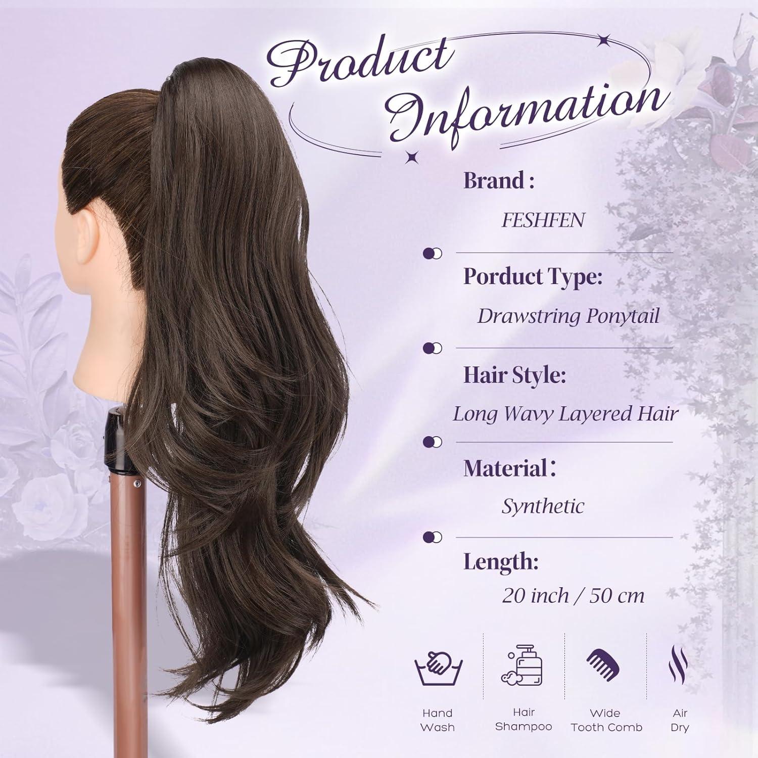 imageFESHFEN Drawstring Ponytail Extension Natural Long Wavy Layered Synthetic Pony Tails Honey Blonde Mixed Light Brown Hair Extensions Hairpieces for Women 20 inch6 Dark Brown