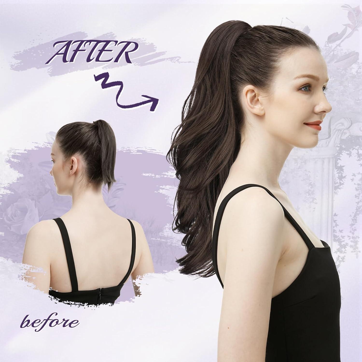 imageFESHFEN Drawstring Ponytail Extension Natural Long Wavy Layered Synthetic Pony Tails Honey Blonde Mixed Light Brown Hair Extensions Hairpieces for Women 20 inch2 Natural Black